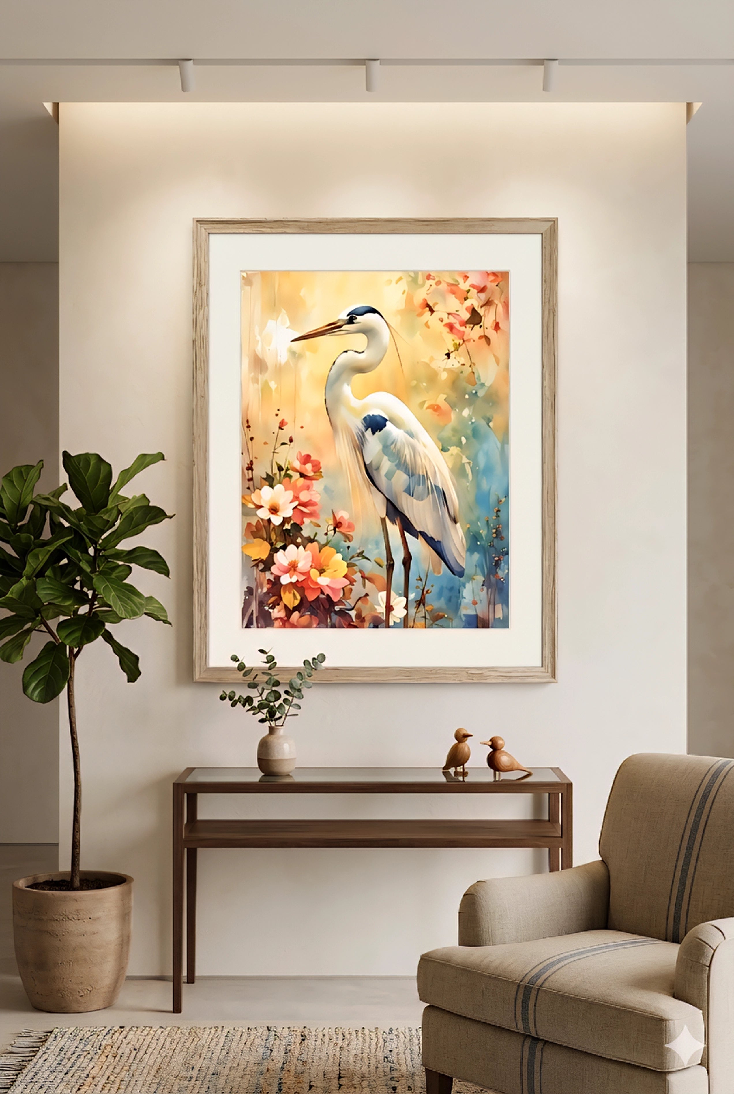 Great blue heron wall art print styled in a neutral entryway with a wood console table, soft beige tones, and minimal decor, featuring a colorful floral watercolor bird artwork that creates a calm focal point, perfect oversized statement art for entryway decor, modern farmhouse, and transitional interiors, digital download printable in multiple ratios for flexible wall styling