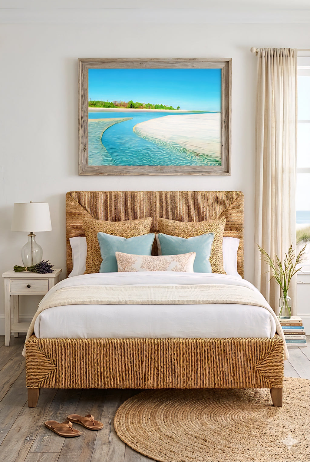 Coastal beach wall art above woven rattan bed in neutral bedroom with turquoise ocean print, sandy shoreline artwork, and soft coastal decor accents for a light, airy space