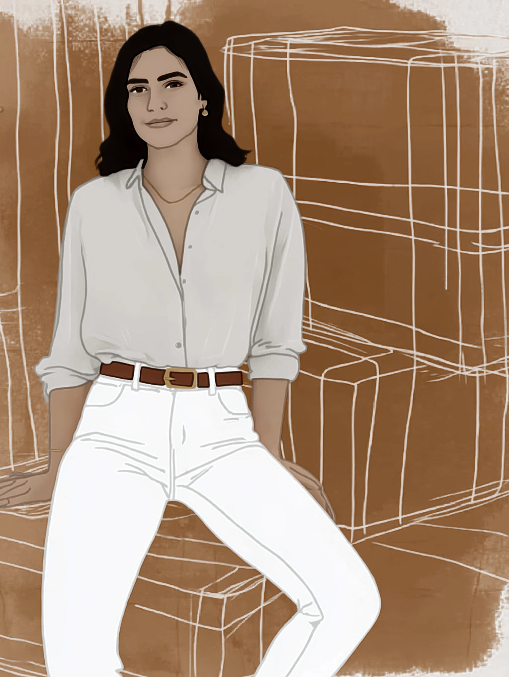 Modern female portrait wall art digital download in earth tones with minimalist line detail on warm abstract background