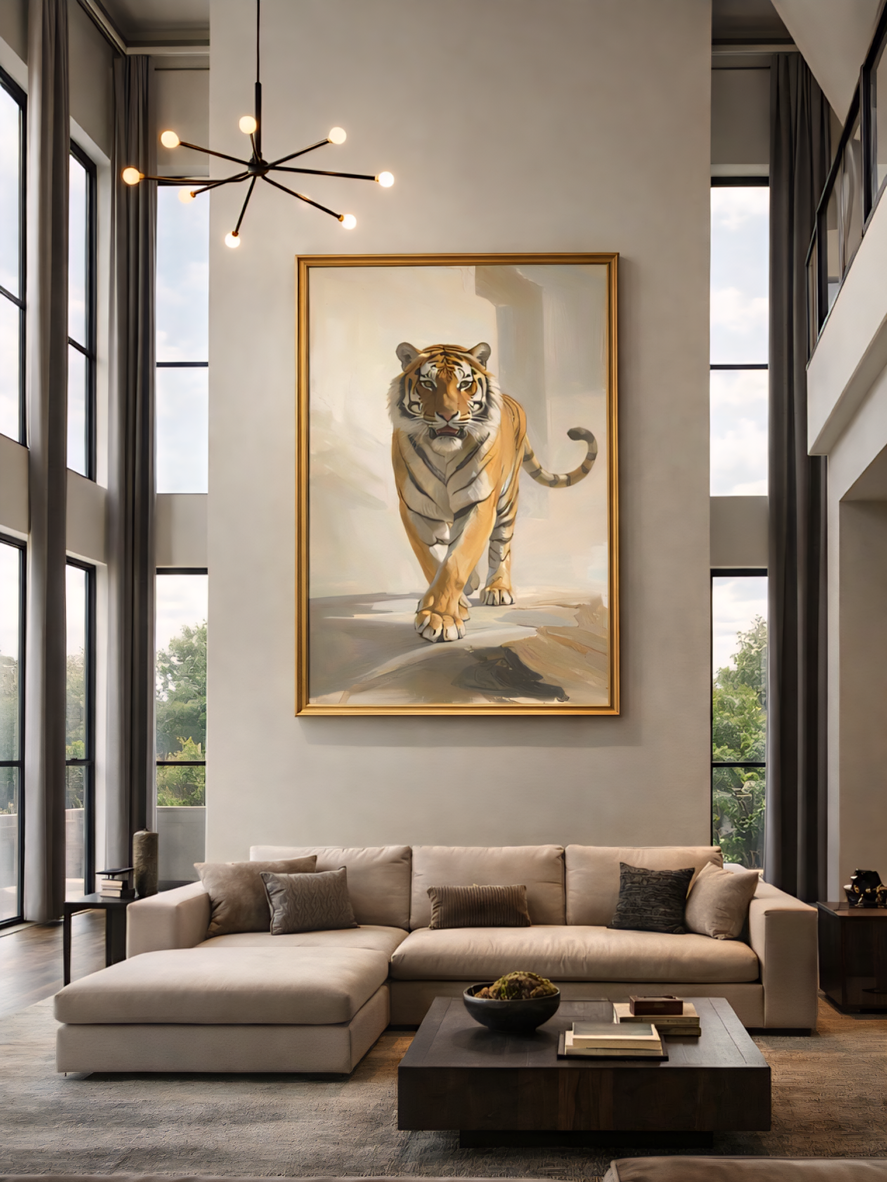 Tiger wall art printable above sofa in modern living room