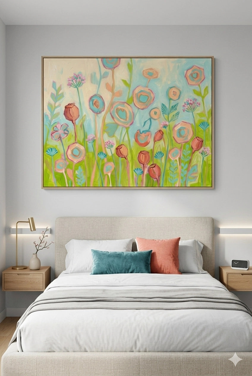 Pastel abstract floral wall art displayed above bed in modern bedroom, soft teal and blush tones create calm airy decorinspo