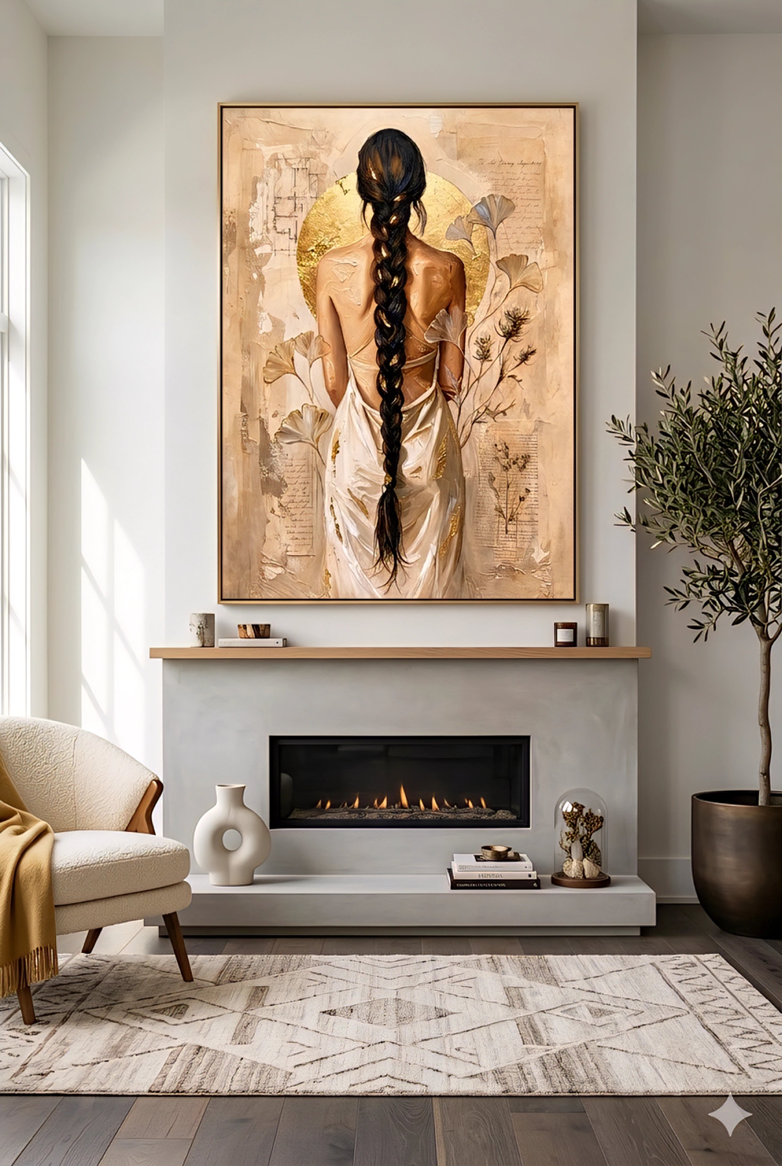 Large neutral wall art featuring a woman with a long braid and gold abstract background styled above a sleek modern fireplace with warm minimal decor and natural tones