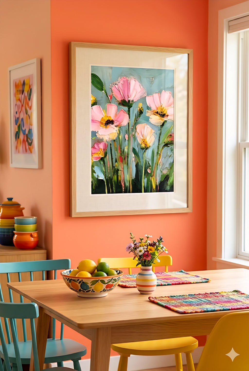 large floral printable wall art featuring pink flowers in light wood frame styled on bold coral wall above colorful dining table with bright modern decor