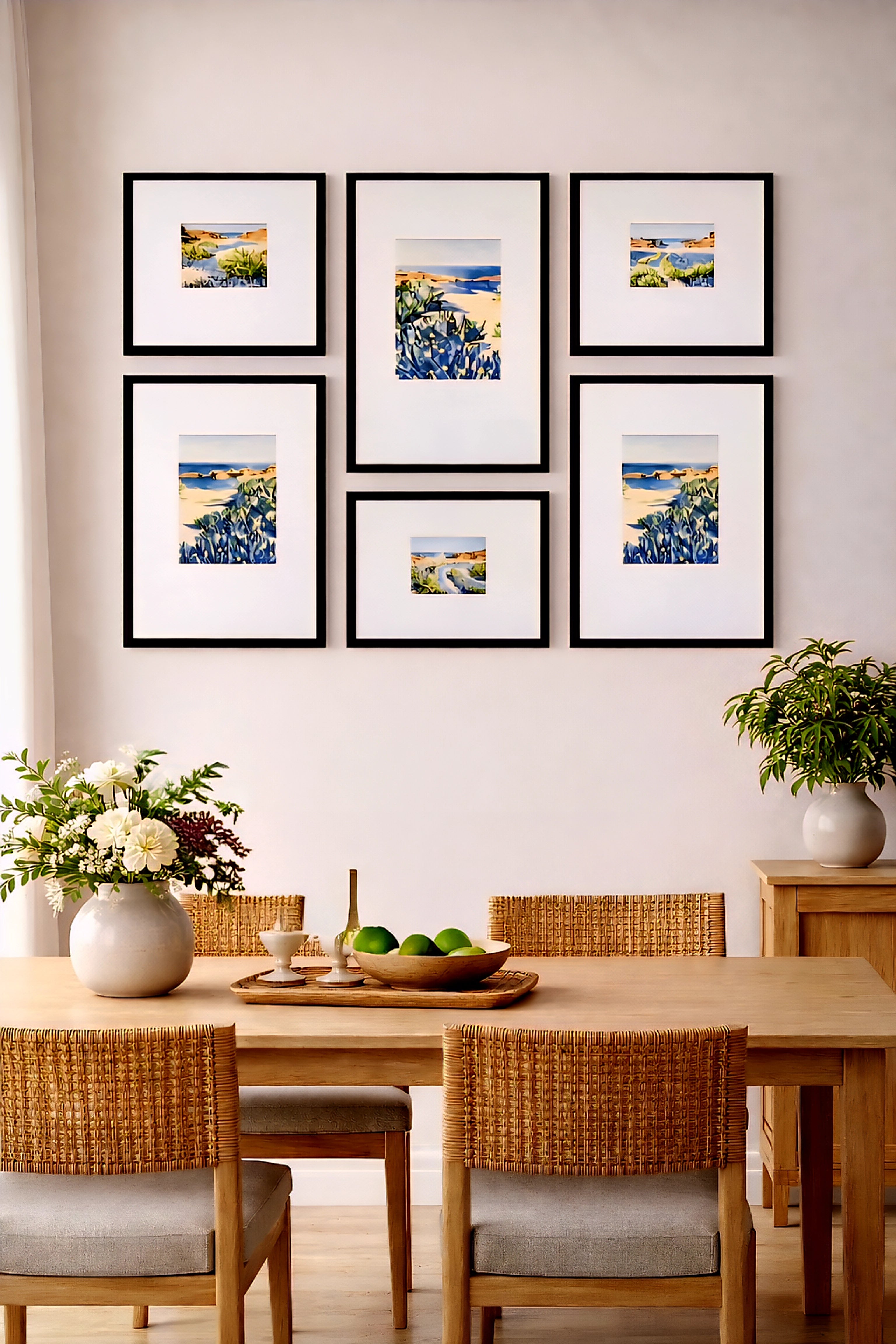 Coastal gallery wall printable art bundle displayed above dining table with blue seascape prints in black frames creating a cohesive modern dining room decor layout