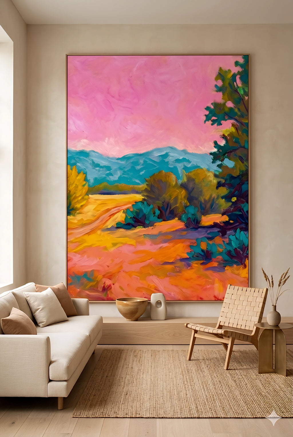 Large colorful desert landscape wall art with pink sky in modern neutral living room, oversized framed printable artwork styled above sofa with warm minimalist decor, digital download available in horizontal vertical and square orientations