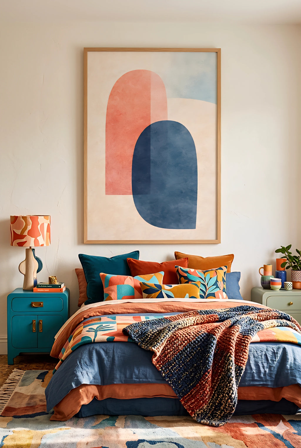 Colorful bedroom with boho digitsl abstract art on the wall, bed with patterned bedding, and side tables.