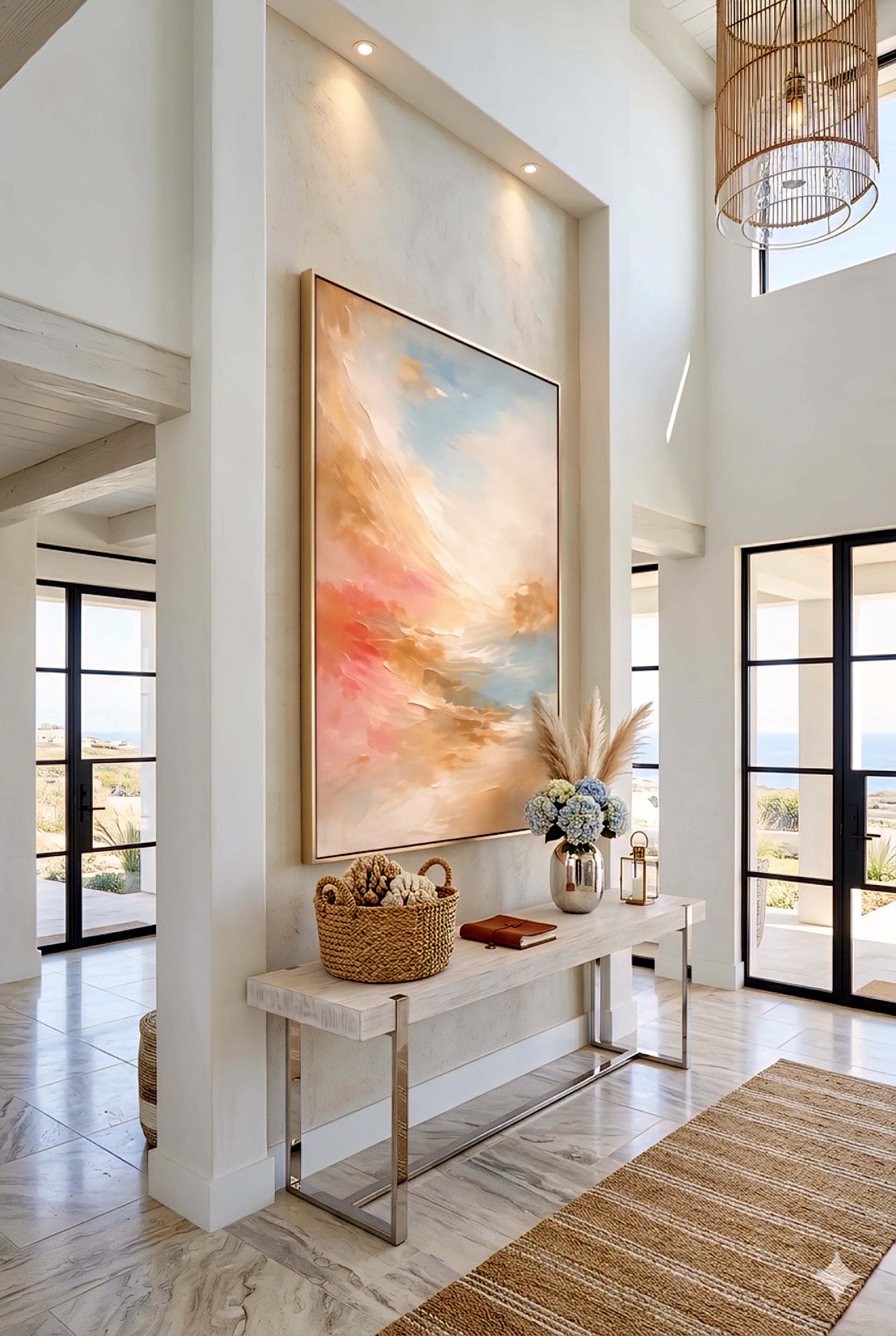 Large coastal downloaded abstract wall art in airy entryway with high ceilings, neutral tones, console table styling, woven textures, and soft beach house decor