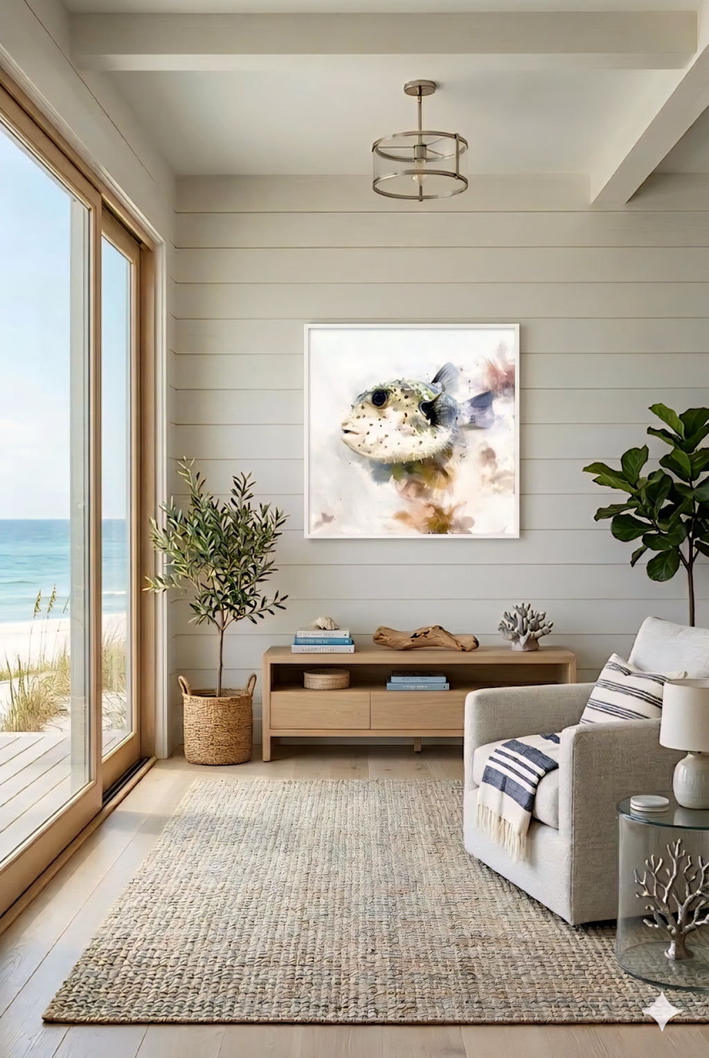 Modern living room with ocean view, a digital print of a puffer fish on a neutral background.