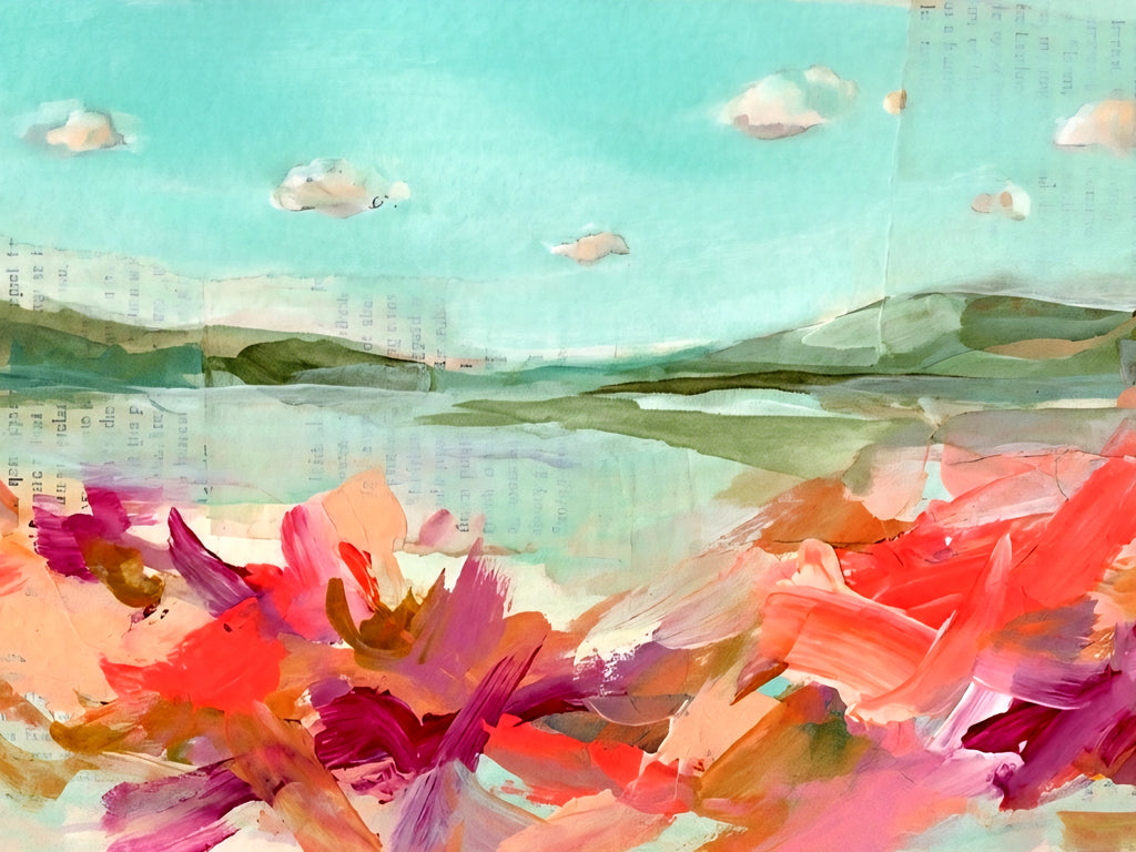 Abstract coastal landscape wall art in aqua and coral tones, modern horizontal printable art with soft sky, shoreline, and bold painterly brushstrokes for large wall decor