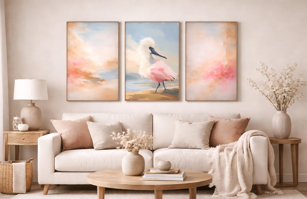 Coastal Wall Art Set of 3 Printable | Pink Seabird Gallery Wall Download | Beach House Living Room Decor | Large Coastal Triptych Digital Art up to 40 Inches