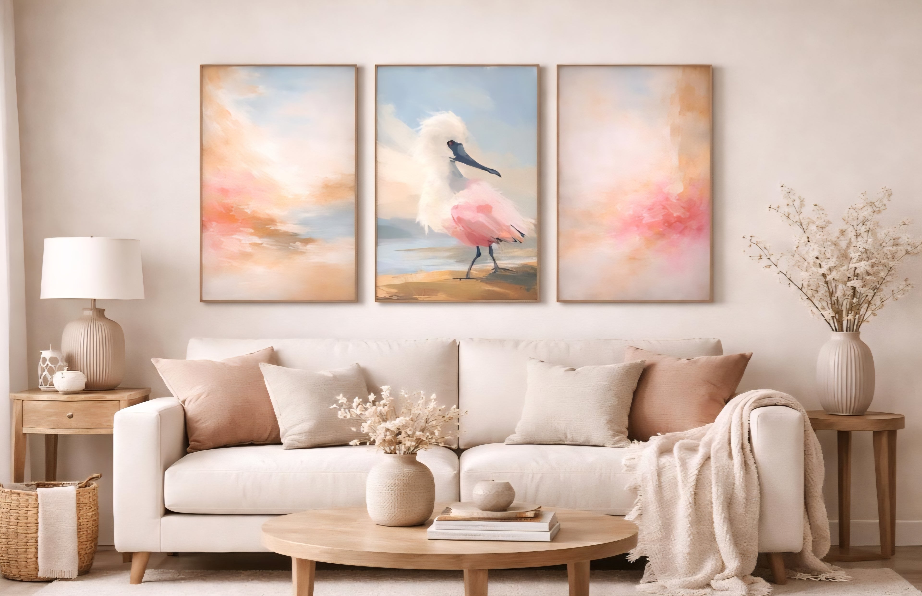 Coastal Wall Art Set of 3 Printable | Pink Seabird Gallery Wall Download | Beach House Living Room Decor | Large Coastal Triptych Digital Art up to 40 Inches