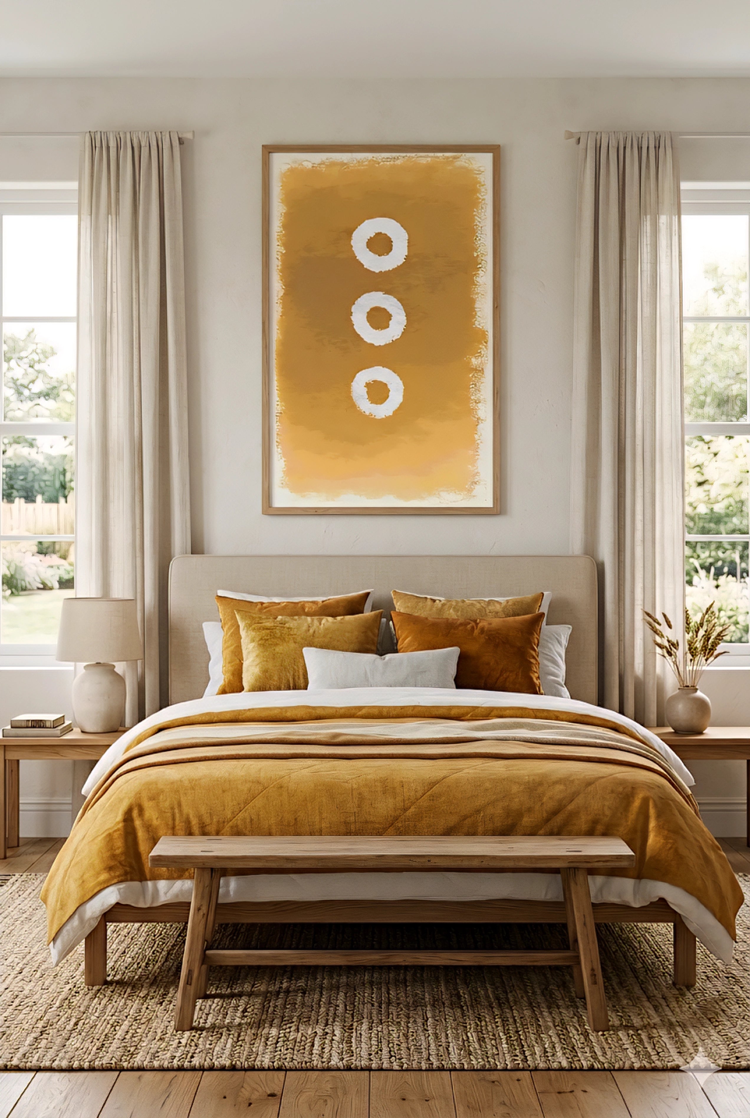 Large abstract wall art printable in warm golden earth tones with three circular shapes, displayed above a bed with mustard bedding in a modern minimalist bedroom, oversized 9:16 vertical wall decor