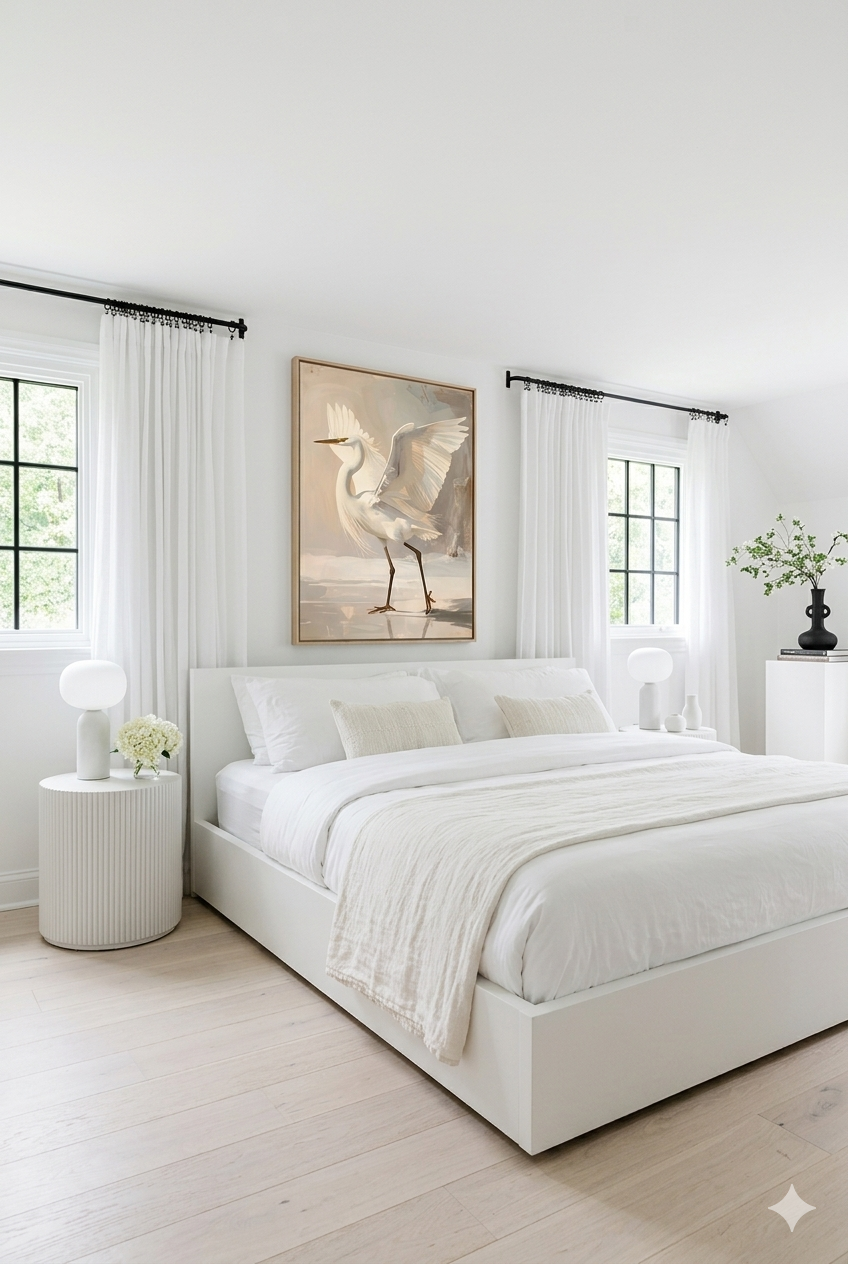 Warm neutral egret digital print in all white bedroom