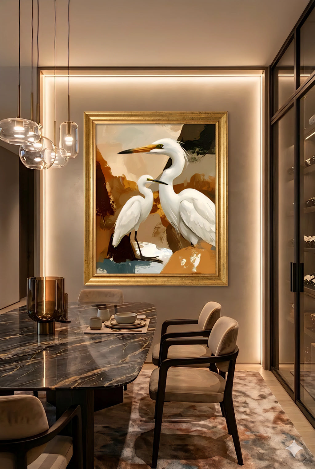 Savvy Places coastal bird wall art featuring white herons in a gold frame styled in a modern dining room with warm ambient lighting.