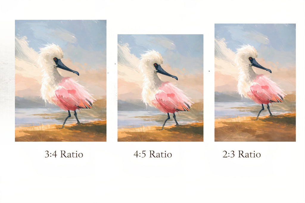Three different aspect ratio comparisons of a painting of a pink bird on a beach.