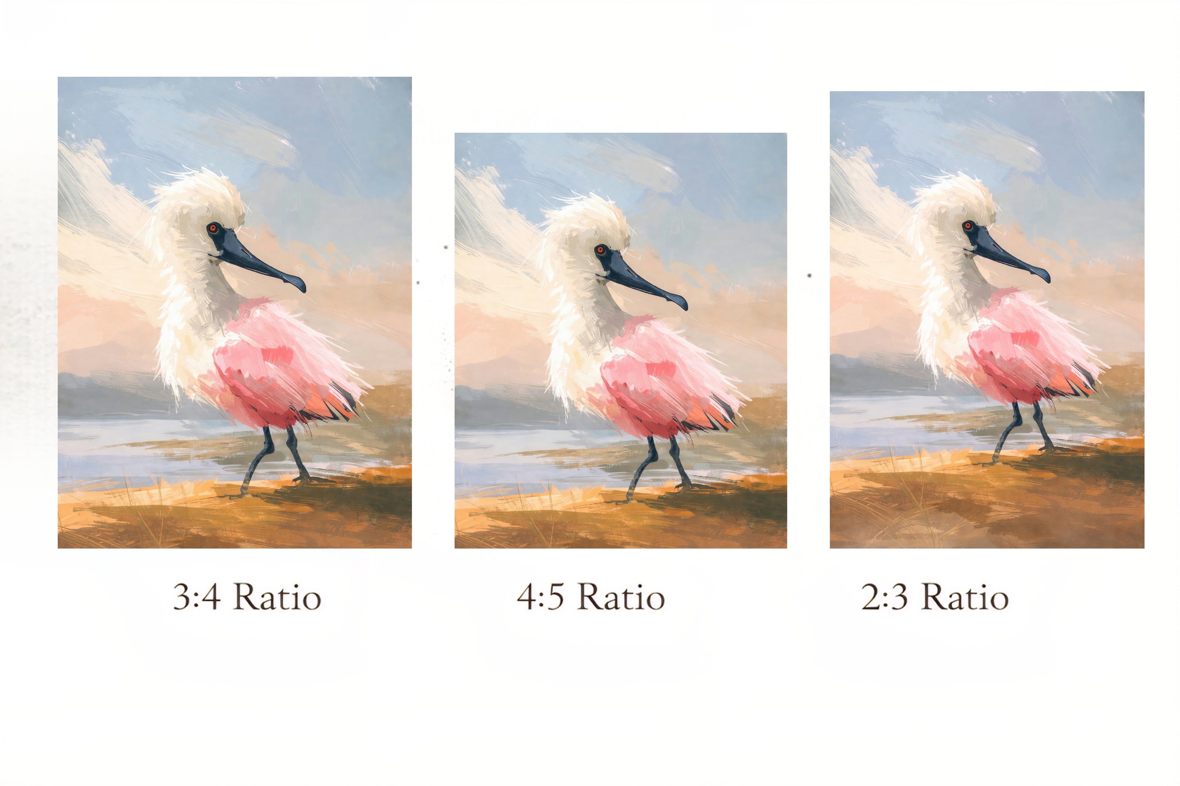 Three different aspect ratio comparisons of a painting of a pink bird on a beach.