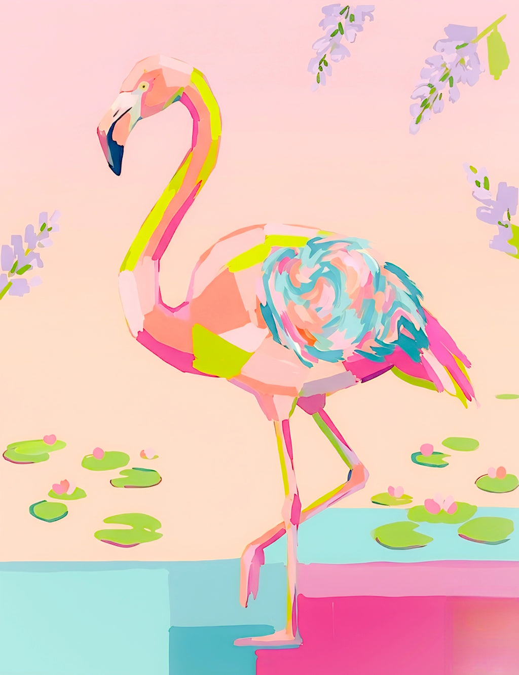 Digital download coastal flamingo wall art in soft pink and teal, modern tropical bird illustration for gallery wall set