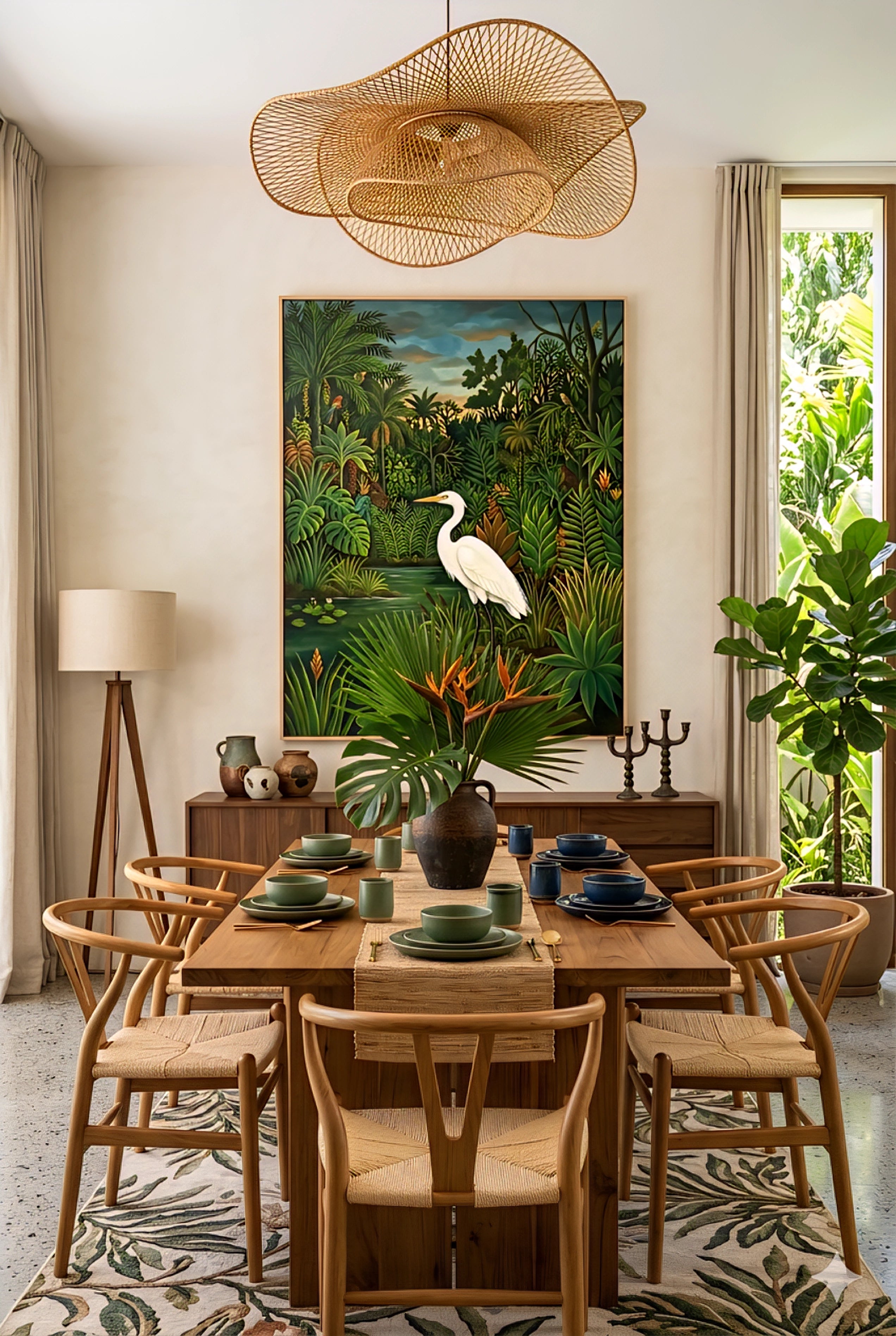 tropical dining room wall art with egret painting, lush green jungle artwork above wooden table, modern organic dining space with natural textures and plants