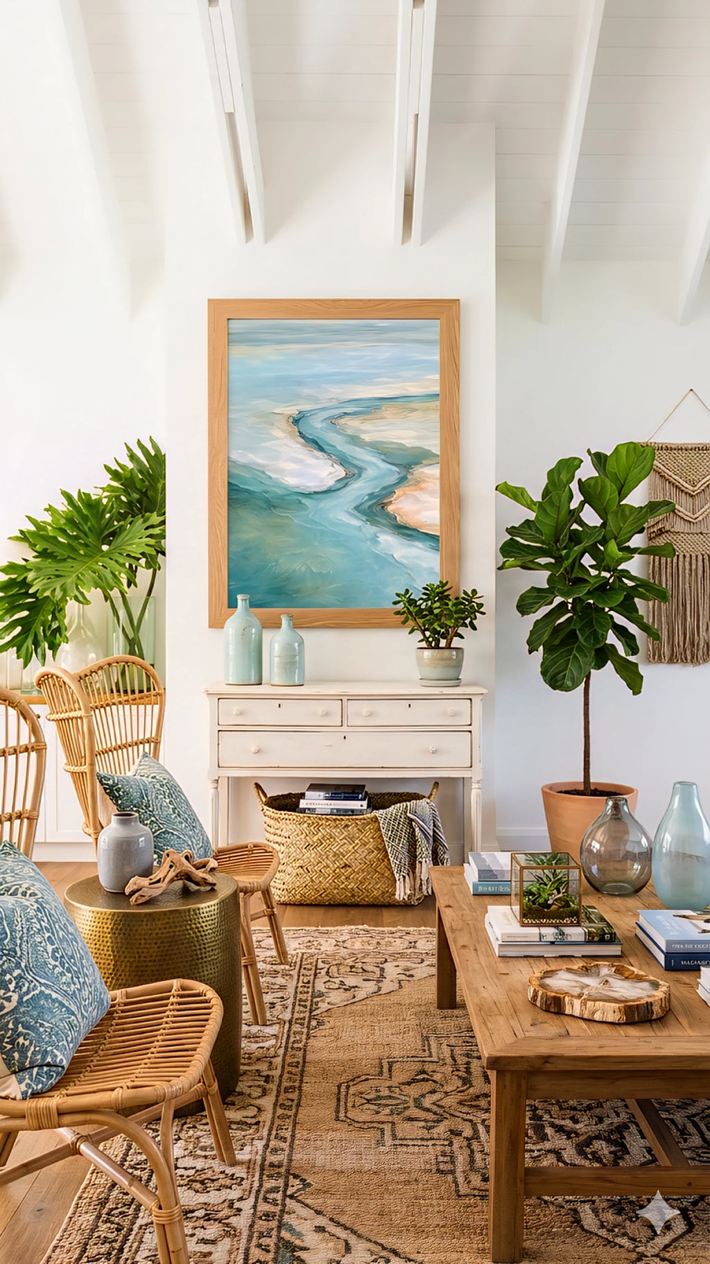 Coastal boho living room with ocean artwork above console, rattan chairs, plants and natural textured decor