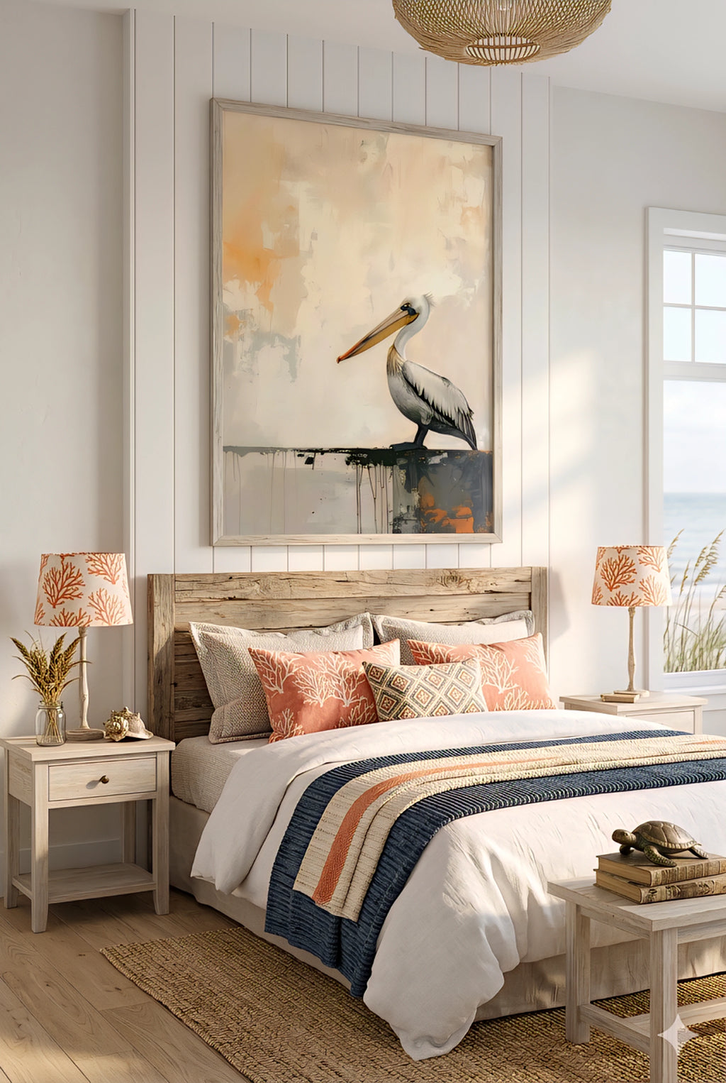 Coastal bedroom decor with pelican wall art printable digital download above bed in a light beach house bedroom.