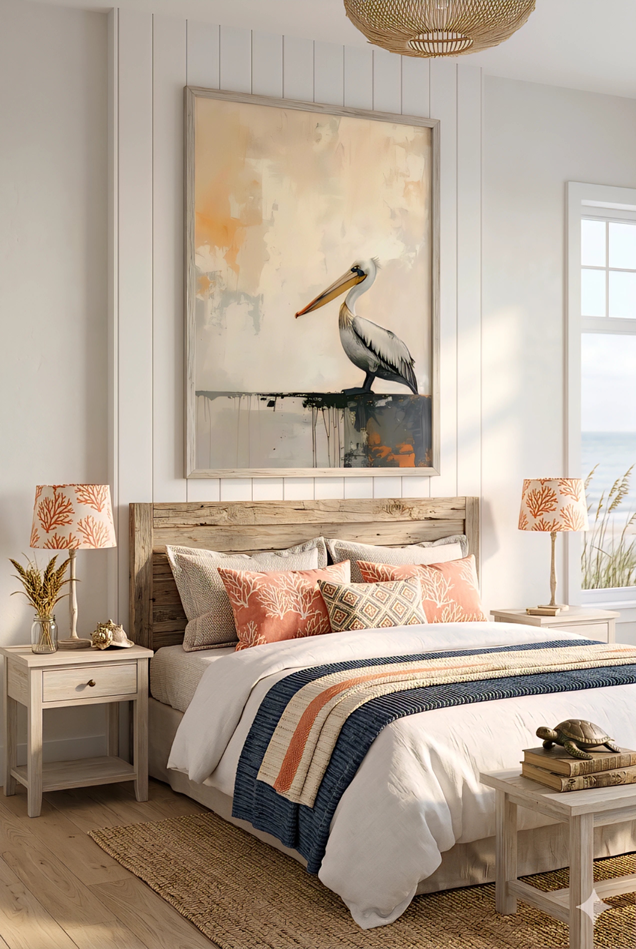 Coastal bedroom decor with pelican wall art printable digital download above bed in a light beach house bedroom.
