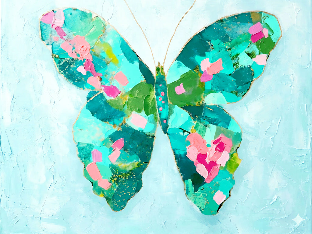 coastal butterfly abstract wall art printable in teal green with pink accents and gold detail, modern beach house decor for gallery wall set digital download