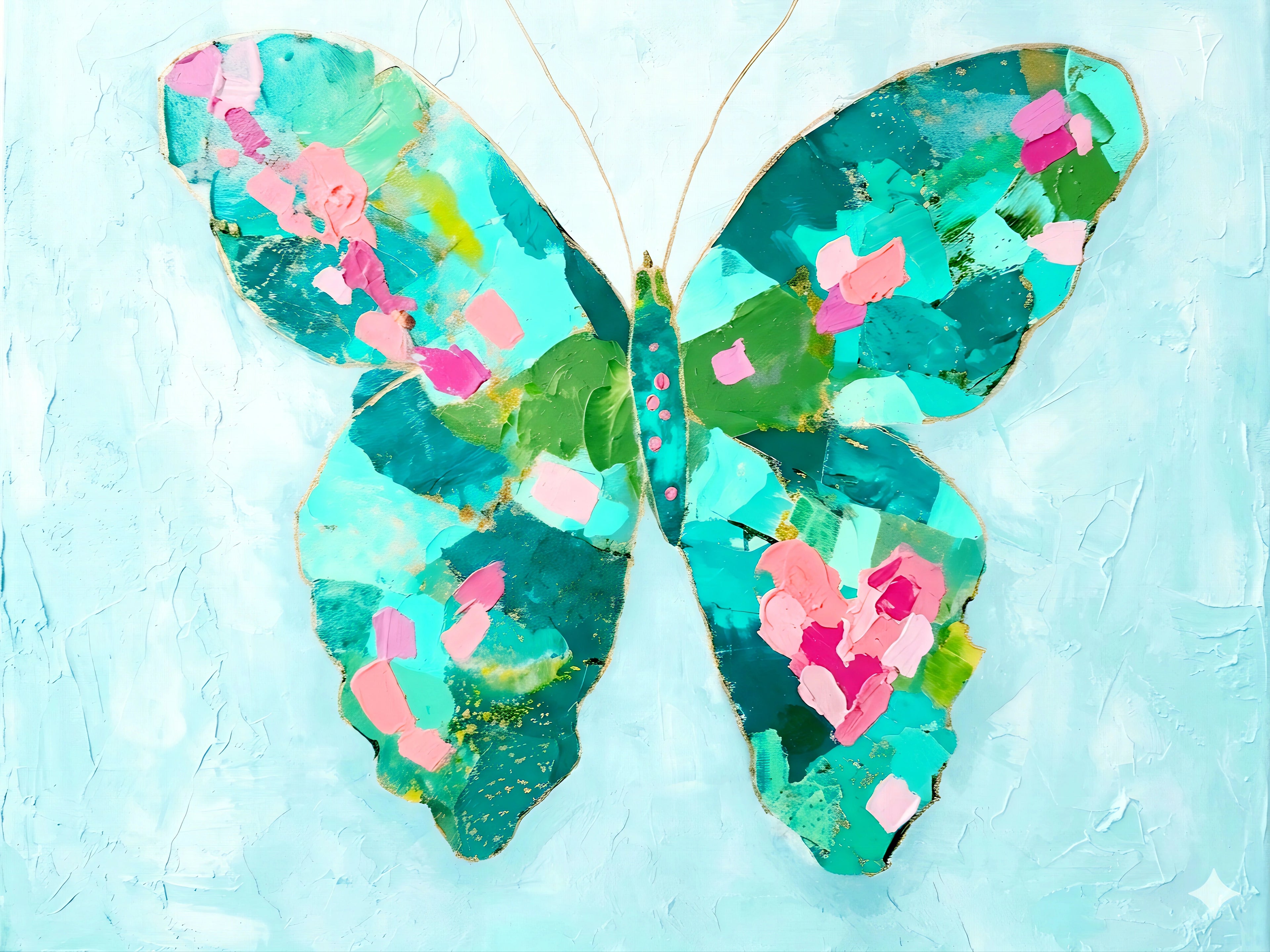 coastal butterfly abstract wall art printable in teal green with pink accents and gold detail, modern beach house decor for gallery wall set digital download