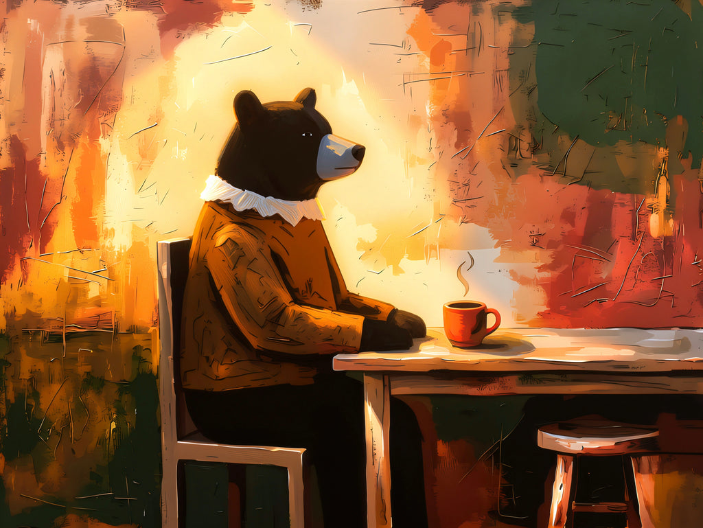 Horizontal bear wall art print, modern animal cafe illustration with warm abstract tones, cozy contemporary decor digital download