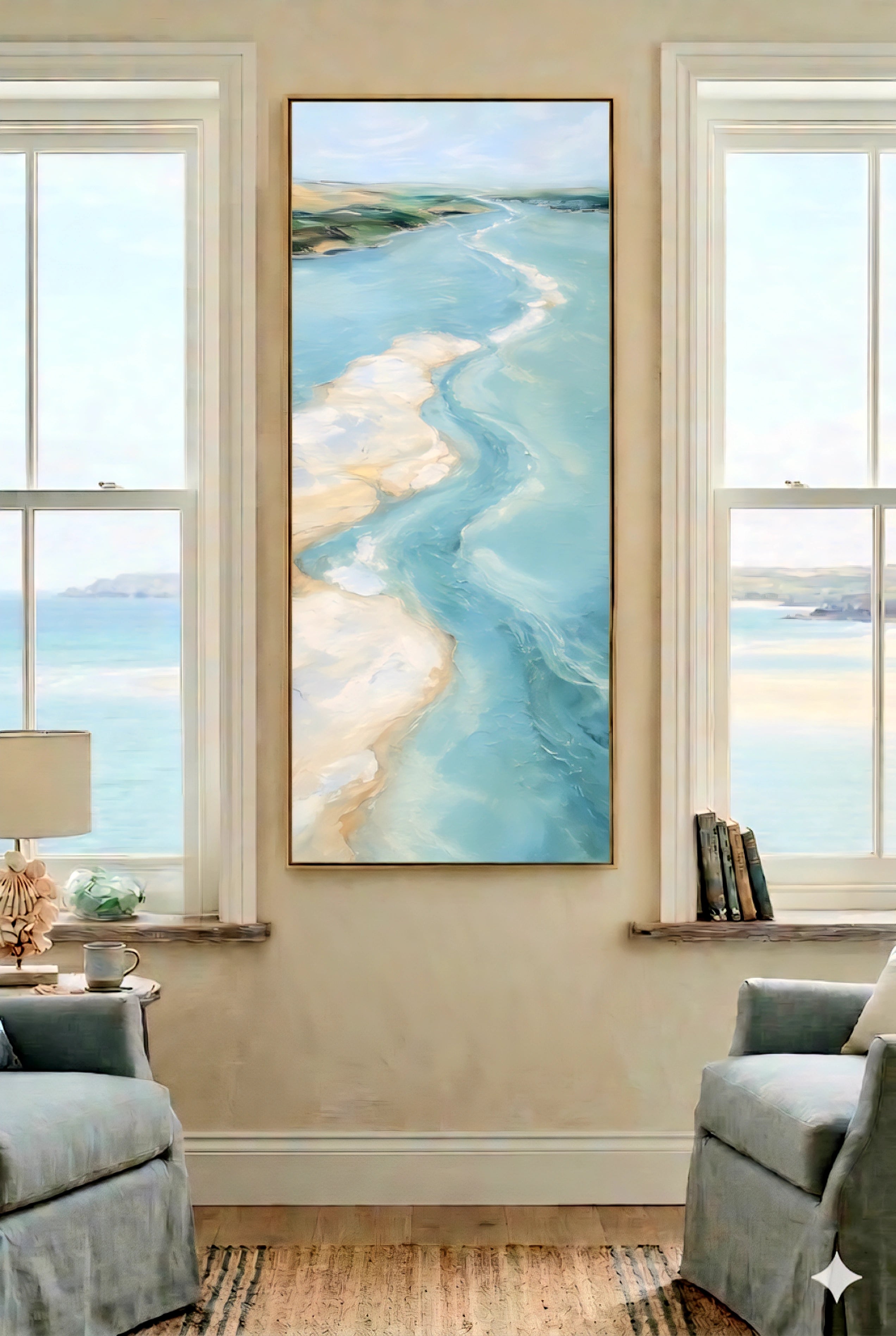 Tall coastal ocean artwork between windows with seating, soft neutral tones and beach view outside