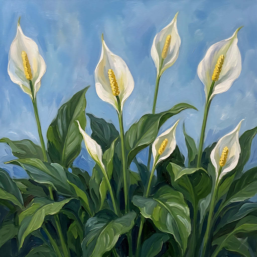 Square peace lily wall art with white blooms and lush green leaves against a soft blue background, elegant botanical printable decor digital download