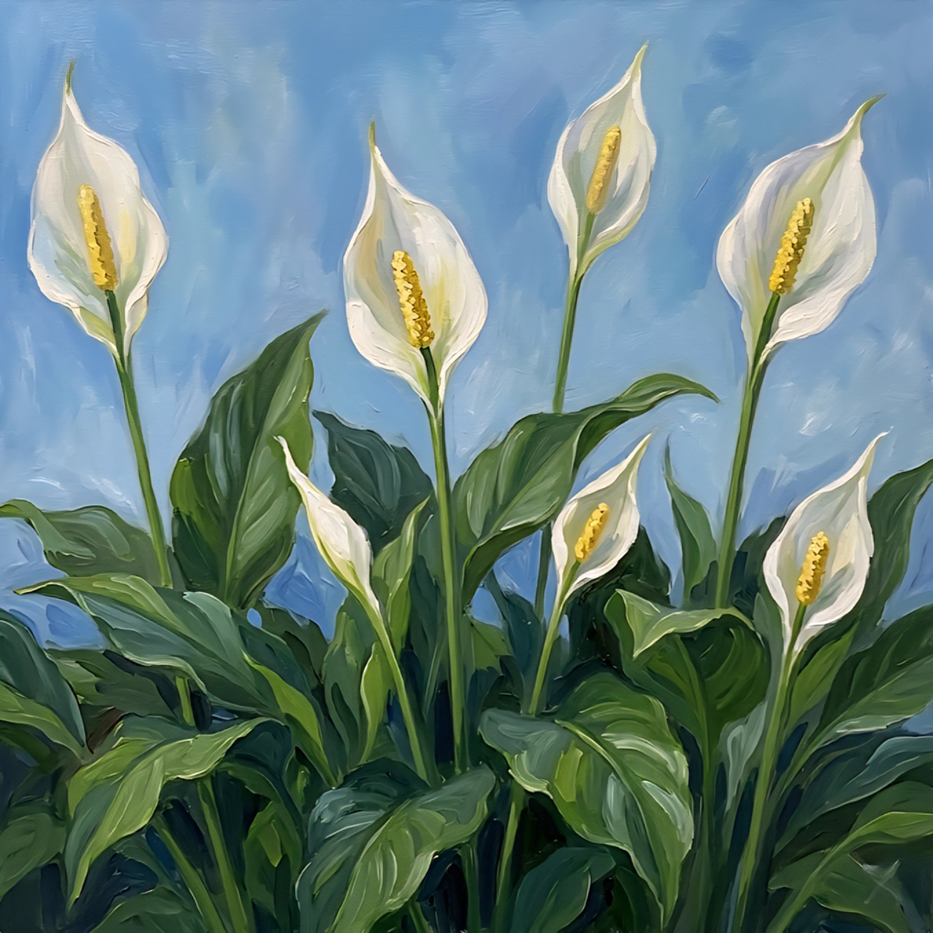 Square peace lily wall art with white blooms and lush green leaves against a soft blue background, elegant botanical printable decor digital download