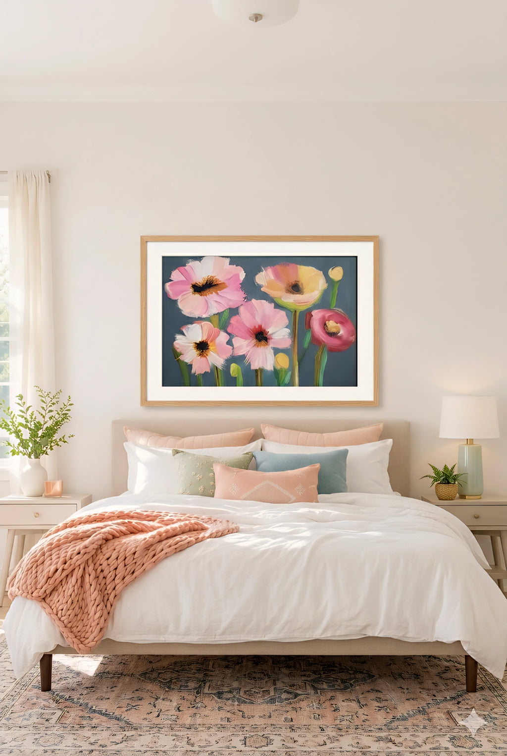 large floral printable wall art featuring pink and peach flowers in light wood frame styled above bed in bright cozy bedroom with soft neutral decor