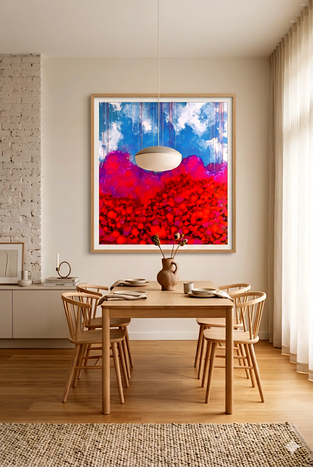Square colorful abstract landscape wall art framed above minimalist wood dining table in bright modern dining room with natural light, neutral tones, and Scandinavian style decor, printable digital download
