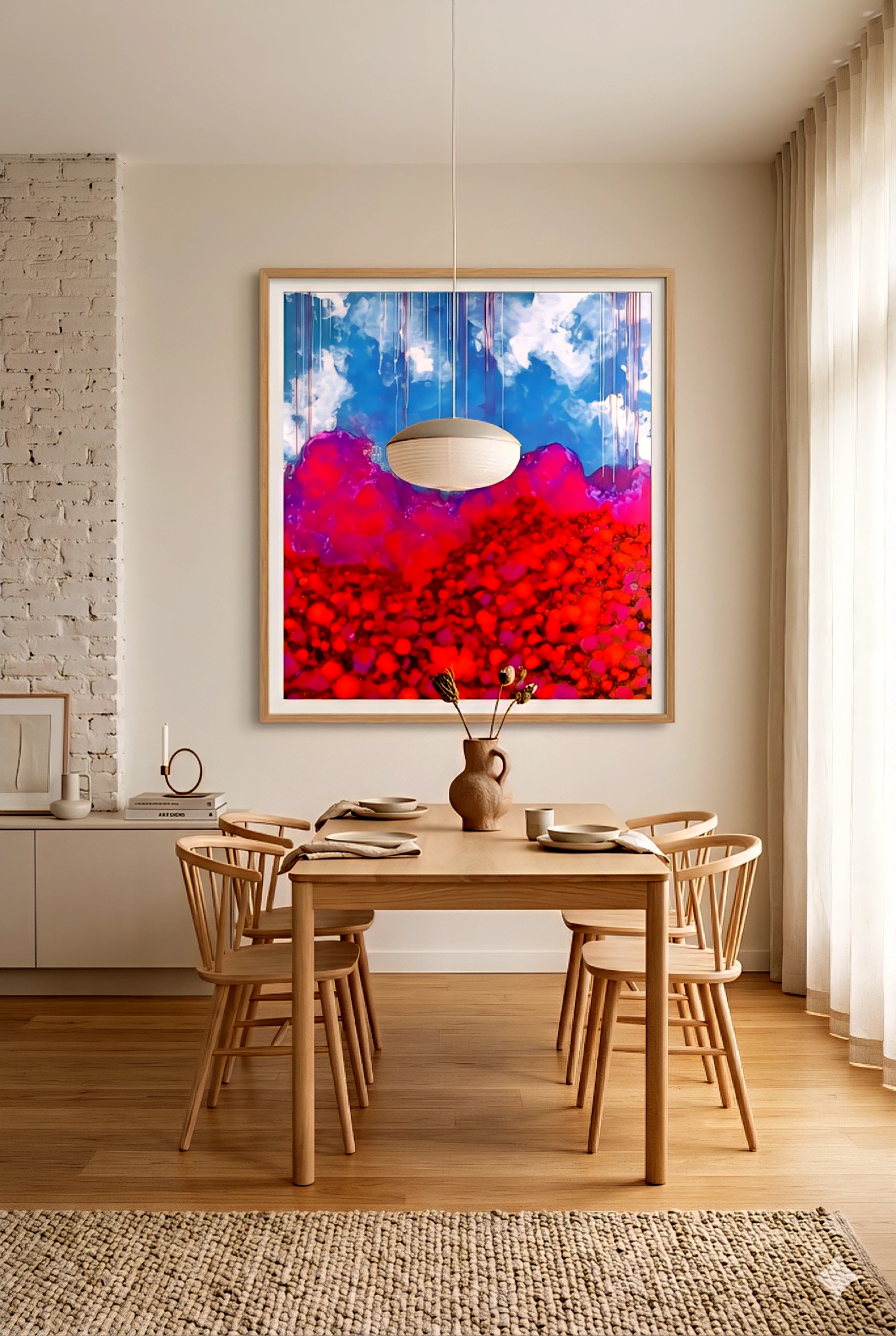 Square colorful abstract landscape wall art framed above minimalist wood dining table in bright modern dining room with natural light, neutral tones, and Scandinavian style decor, printable digital download