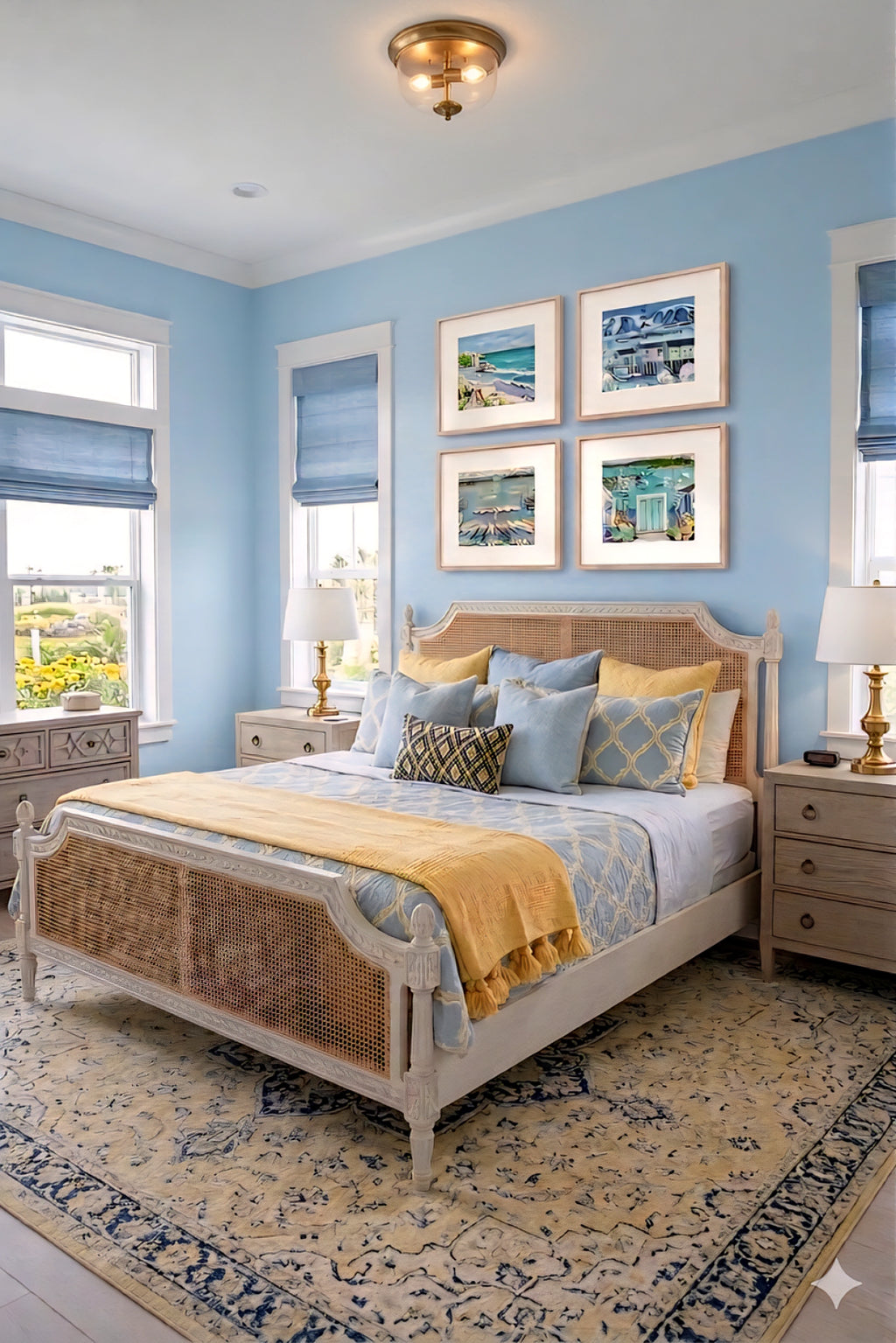 Coastal wall art set of 4 digital downloads displayed above a woven bed in a bright blue bedroom, featuring lighthouse, harbor boats, and seaside cottages in soft blue and yellow tones, styled with layered pillows and natural textures for airy coastal decorinspo bedroom design