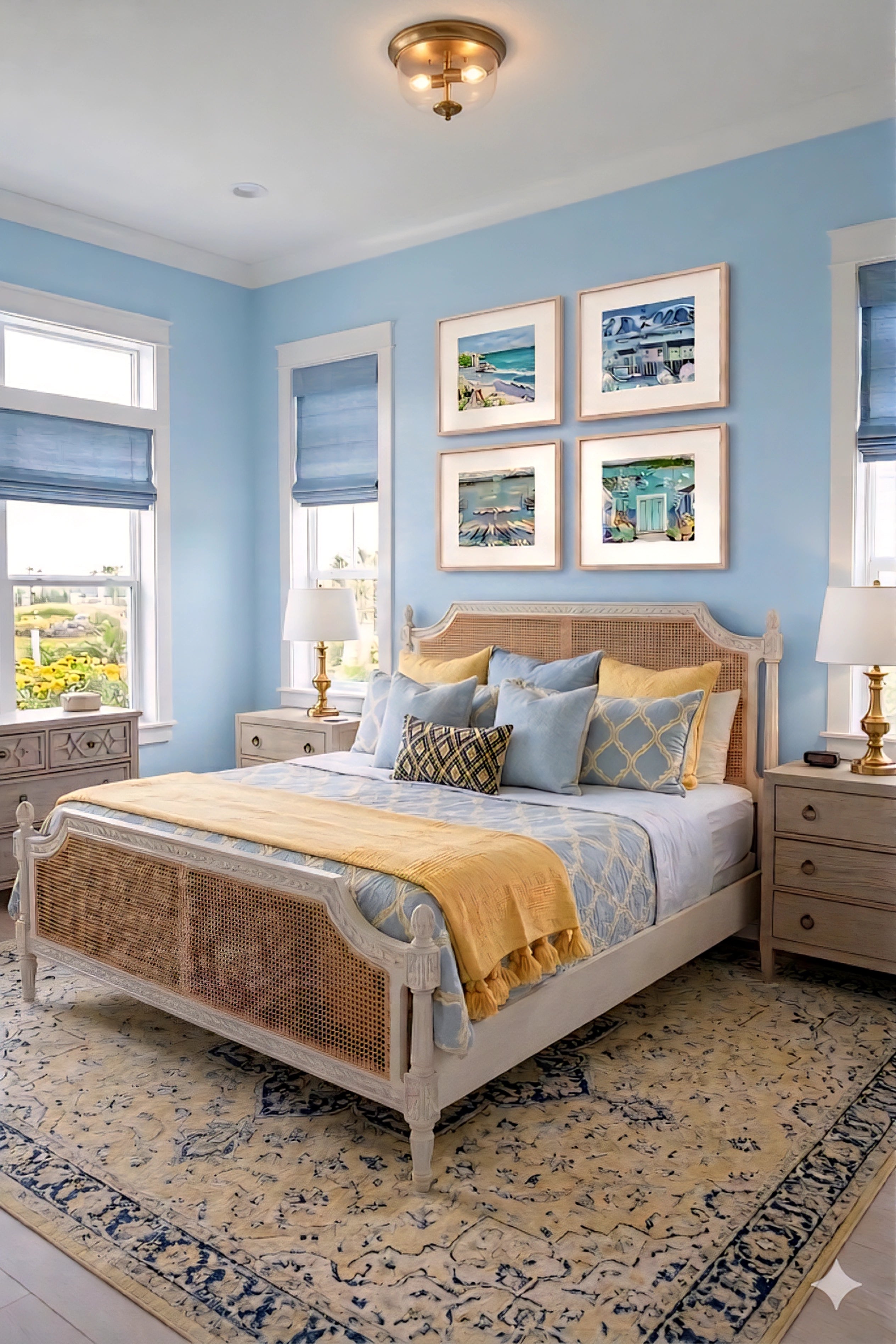 Coastal wall art set of 4 digital downloads displayed above a woven bed in a bright blue bedroom, featuring lighthouse, harbor boats, and seaside cottages in soft blue and yellow tones, styled with layered pillows and natural textures for airy coastal decorinspo bedroom design