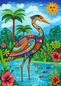 Colorful heron in a tropical setting with palm trees, flowers, and fish.