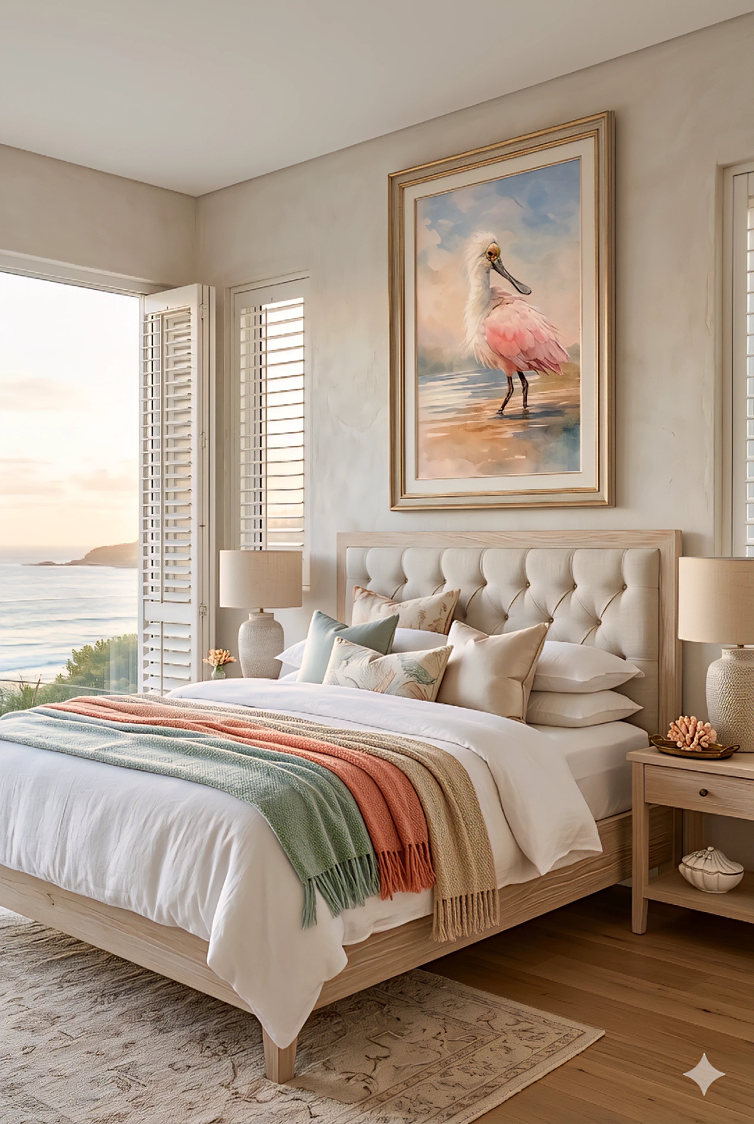 Cozy coastal bedroom with a painting of a pink spoonbill digitally downloaded  on the wall.