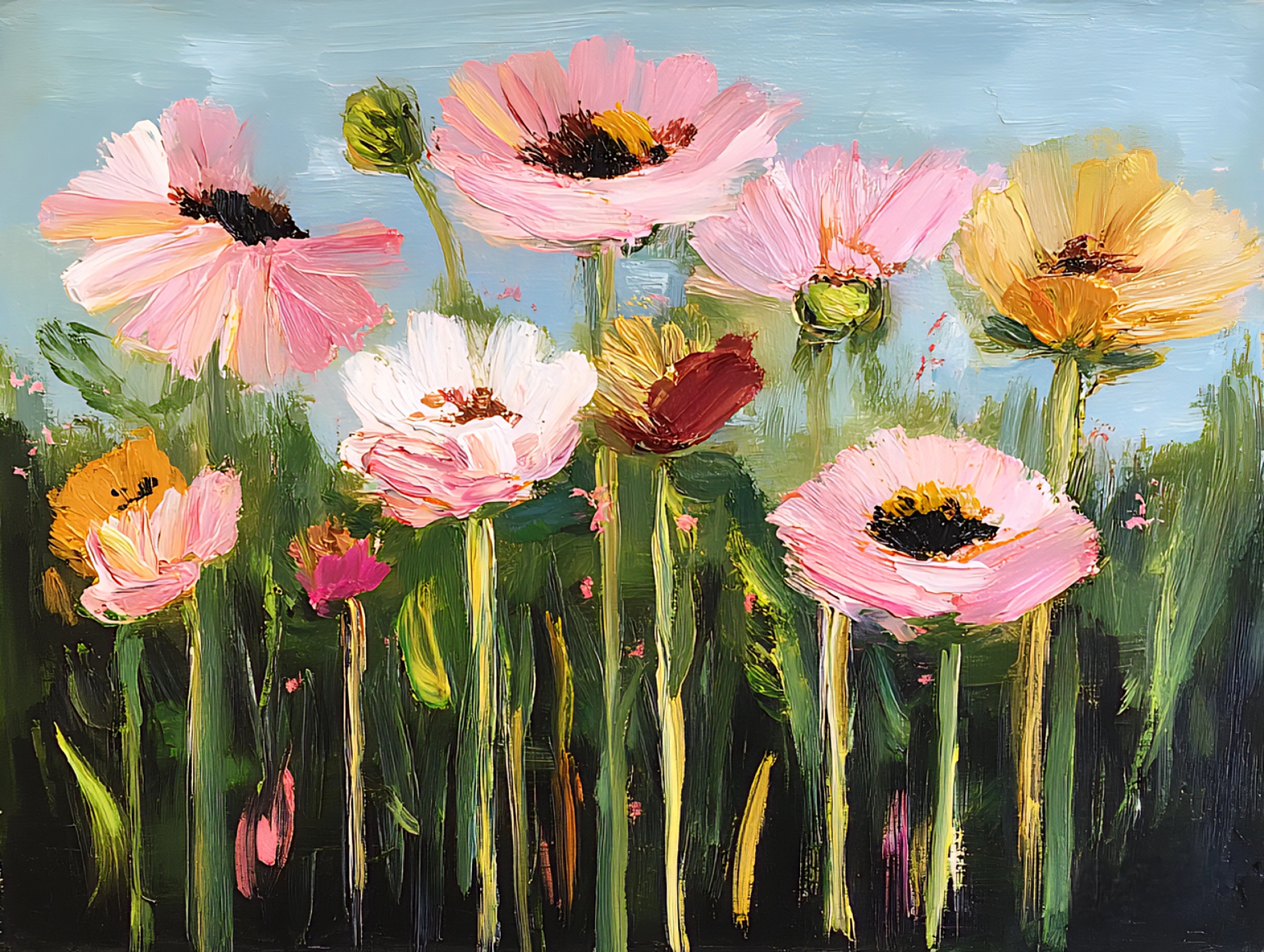 Painting of colorful flowers with a blue sky background