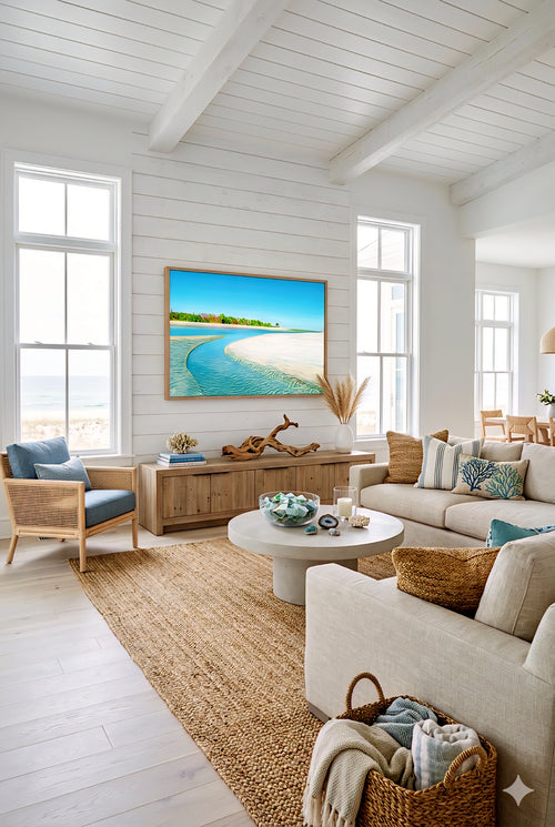 Coastal beach digital wall art in bright airy living room with white shiplap walls, ocean view windows, neutral sofa, woven textures, and turquoise shoreline print for relaxed coastal decor