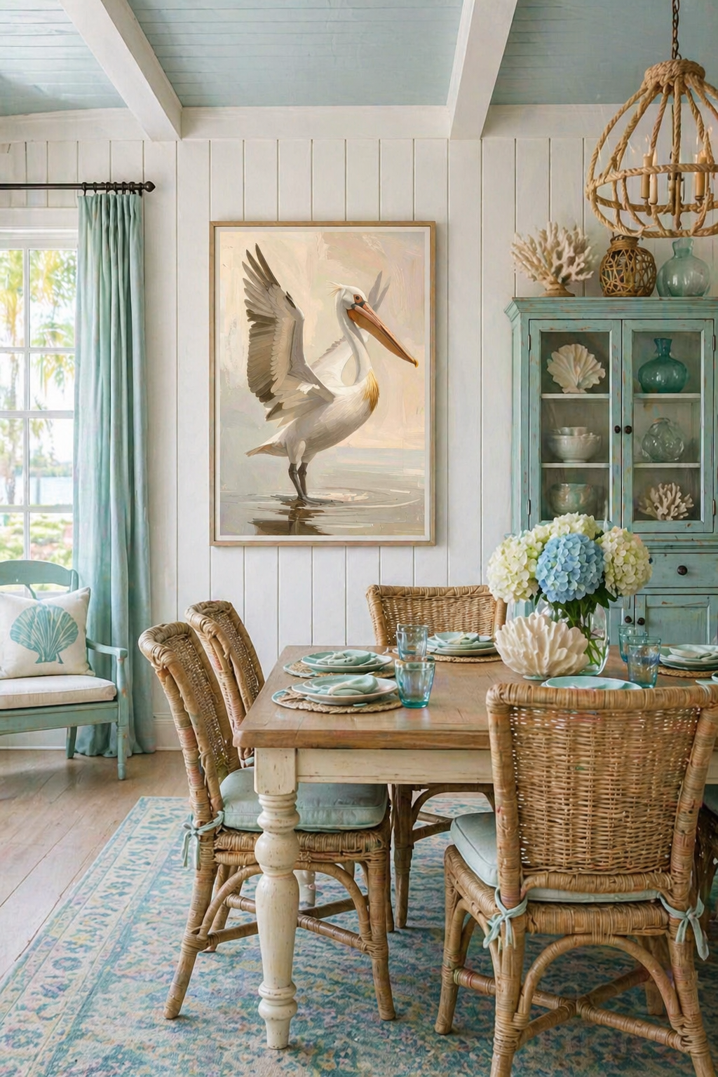 Neutral pelican digital print in coastal dining room 