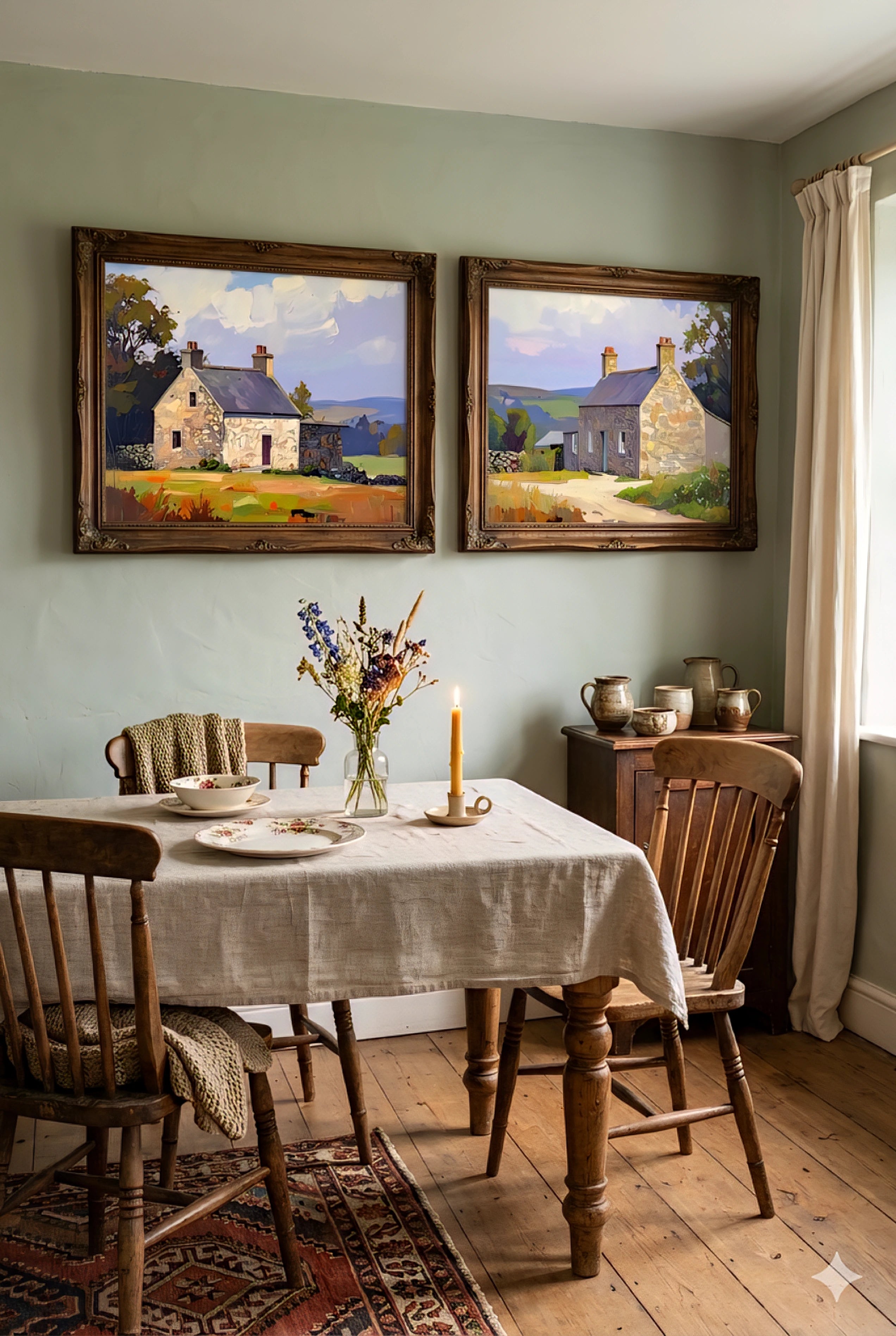 Set of 2 vintage cottagecore landscape wall art prints featuring stone cottages and countryside scenery, horizontal artwork in ornate frames styled in a rustic dining space