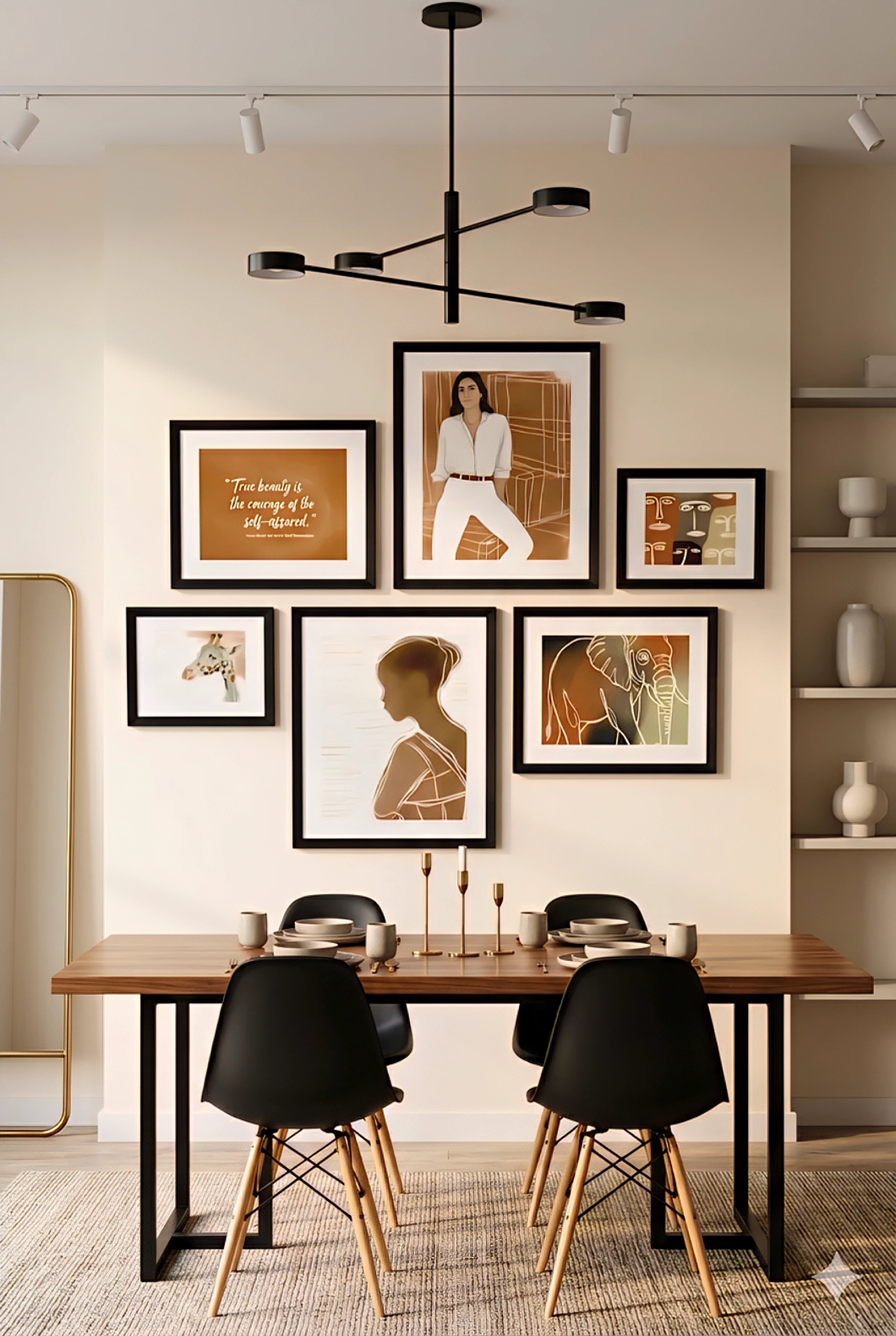 Earth tone safari gallery wall set of 6 above dining table with giraffe, elephant, abstract and portrait prints in modern dining room