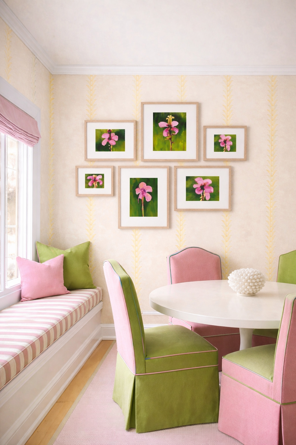 Pink floral printable gallery wall in colorful dining room with pink and green chairs, light oak frames, preppy feminine decor, DIY wall art download, affordable designer decorinspo