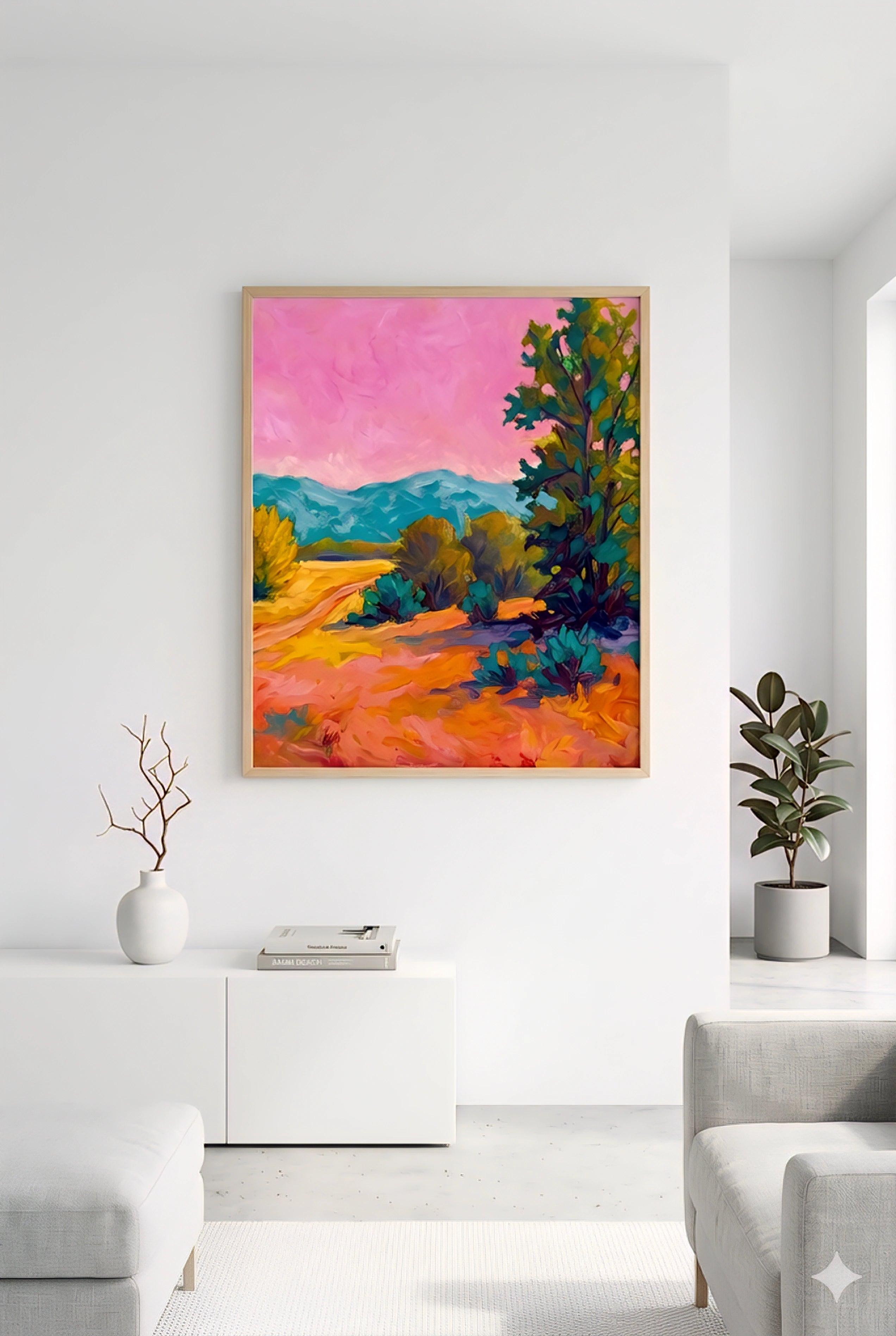 Colorful desert landscape wall art with pink sky in modern white living room, square framed printable artwork styled above console with minimalist decor, digital download in horizontal vertical and square orientations