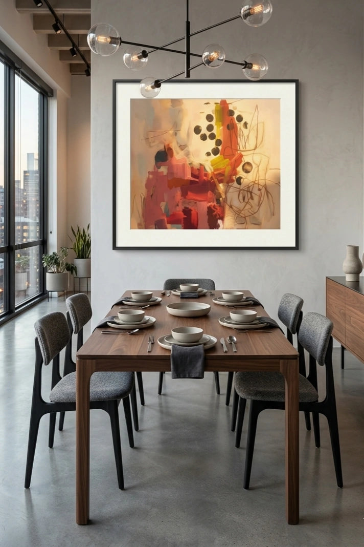 Savvy Places abstract modern wall art with warm coral and neutral tones styled above a dining table in a contemporary dining room.