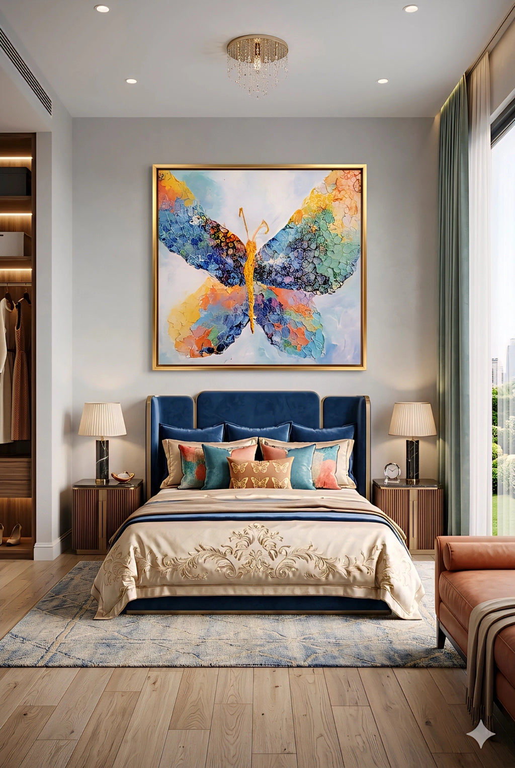 Colorful abstract butterfly wall art above modern bed with blue upholstered headboard, layered pillows, and gold accents, vibrant framed printable artwork centerpiece