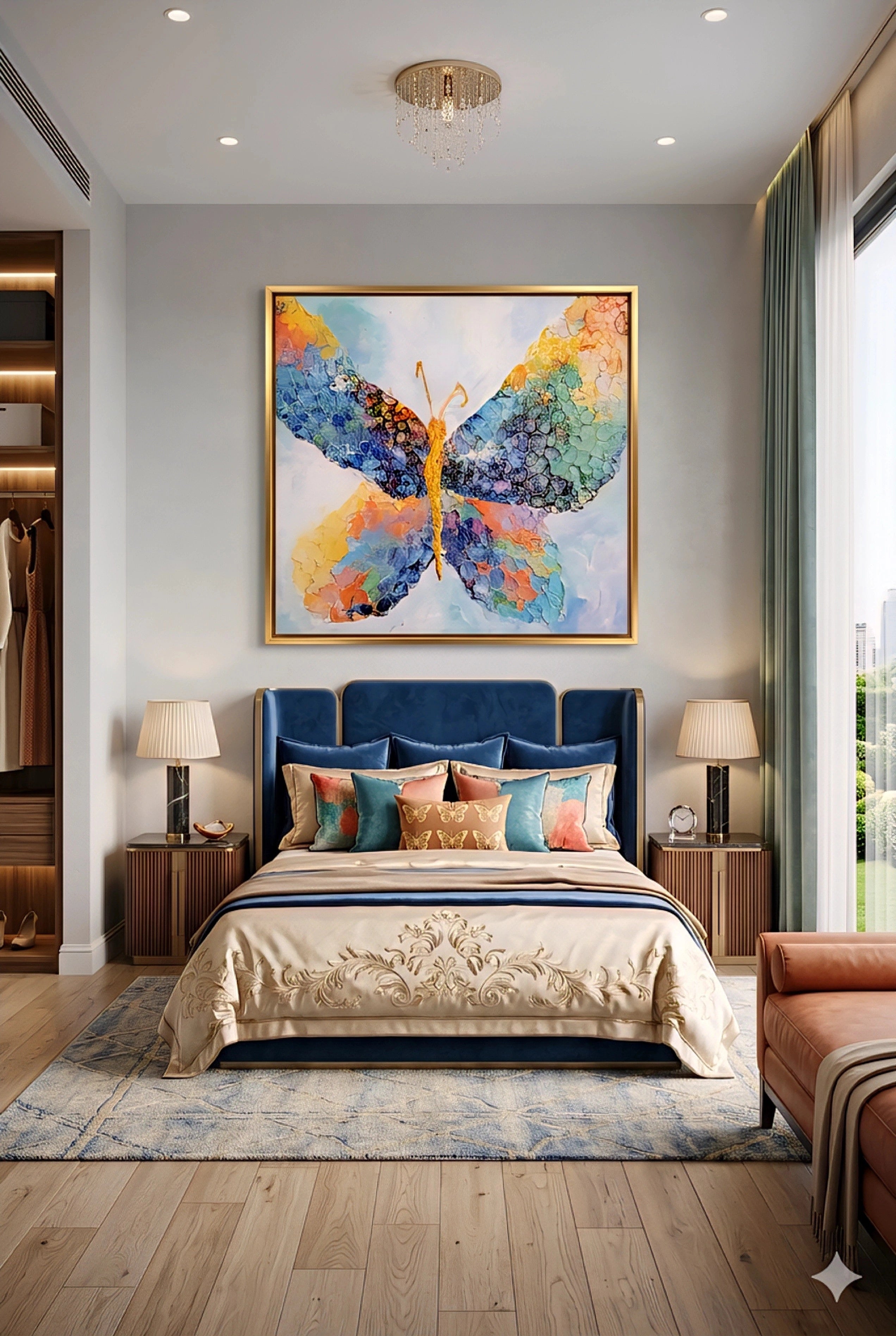 Colorful abstract butterfly wall art above modern bed with blue upholstered headboard, layered pillows, and gold accents, vibrant framed printable artwork centerpiece