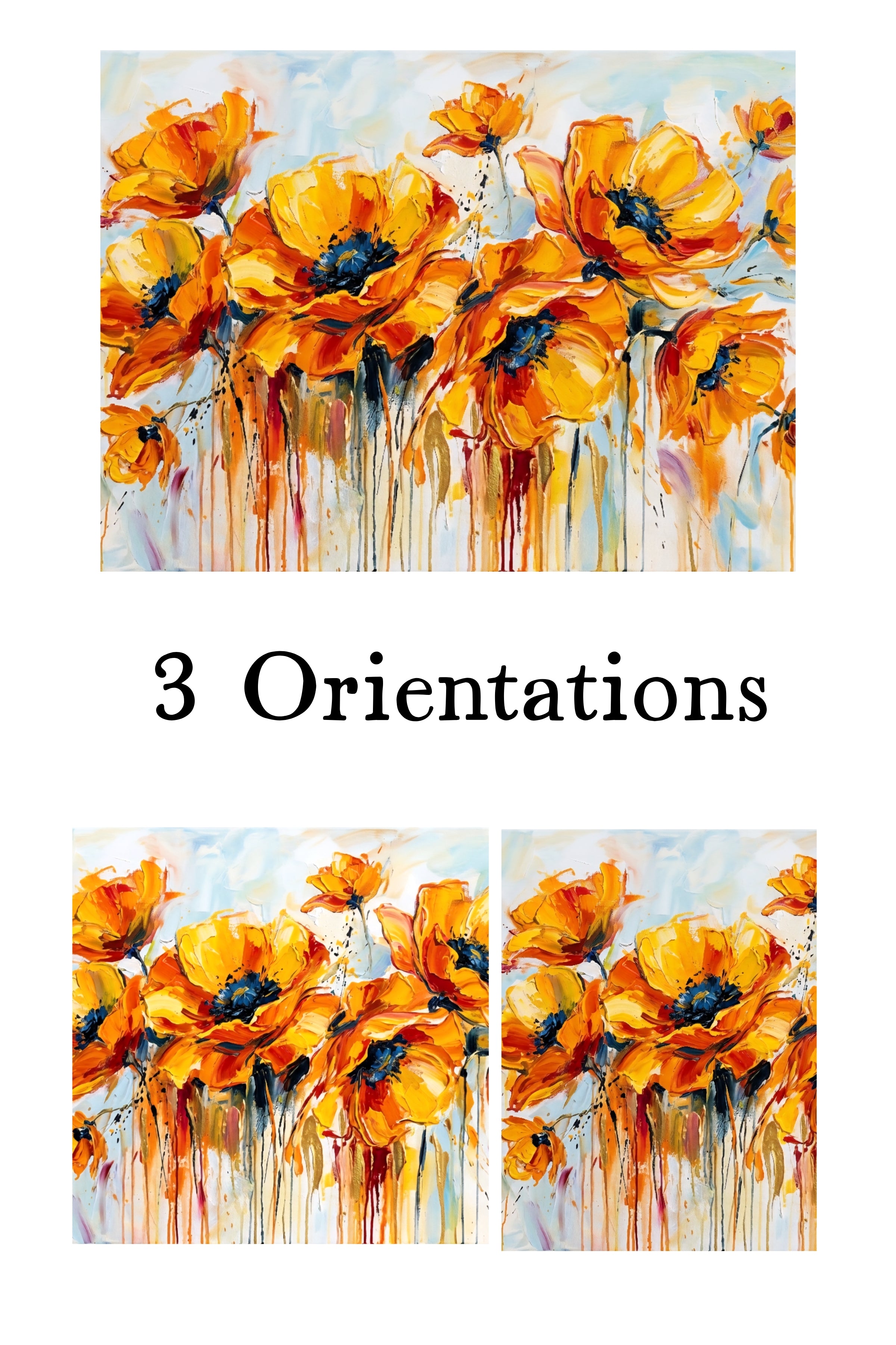Three orientations of an abstract painting with orange flowers on a white background.
