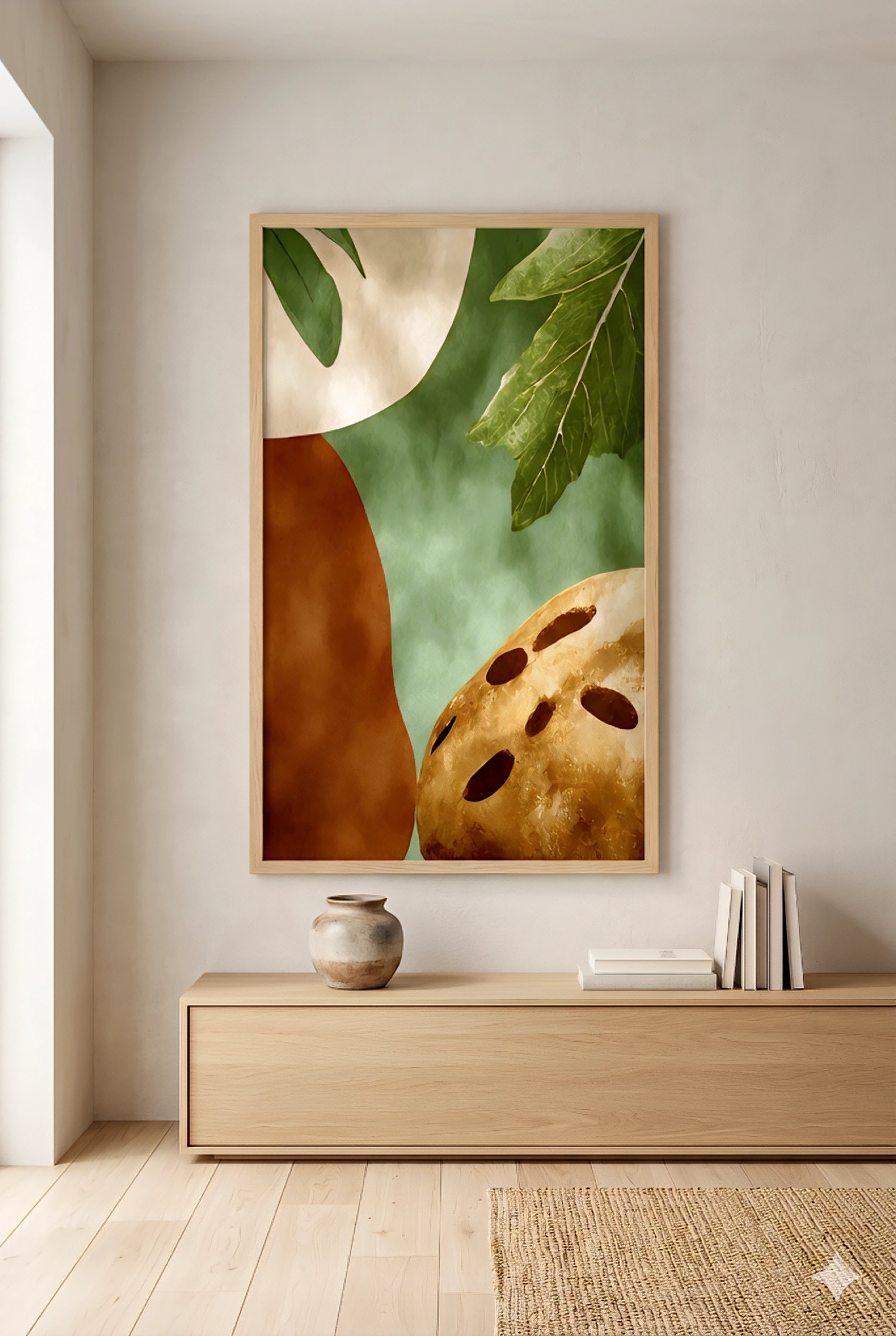 Earth tone abstract botanical wall art with green leaves and terracotta shapes styled in a Japandi living room, vertical framed print above light wood console with woven cabinet doors, paper floor lamp and minimalist decor for calm neutral decorinspo